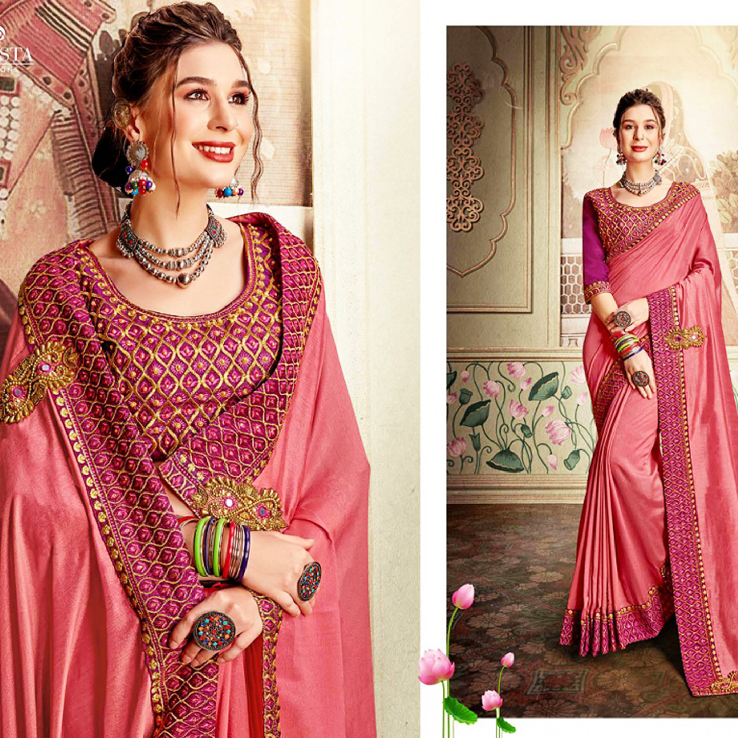 Talk By Fashion Women Heavy Embroidered Wedding Wear Silk Saree Pink