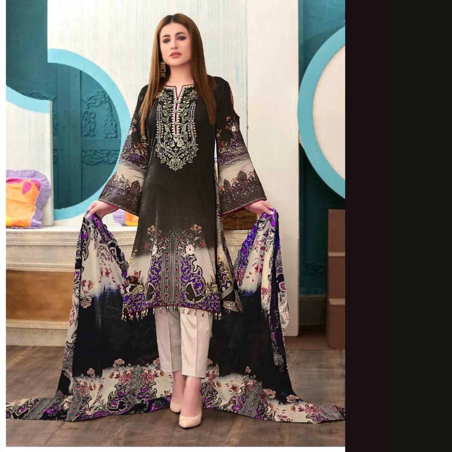 Talk By Fashion Women Pure Lawn Cotton Karachi Dress Material Black