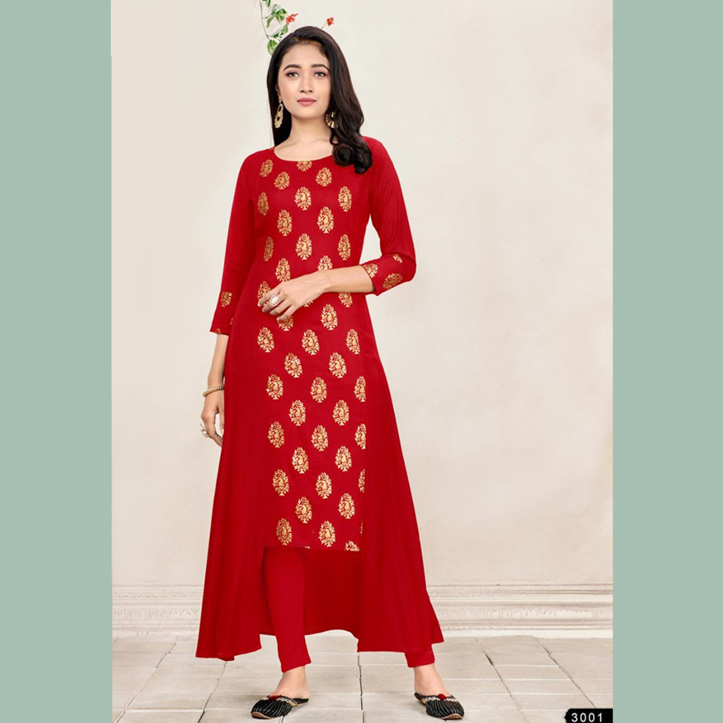 Talk By Fashion Women Soft Mal Mal Gold Foil Printed Long Top Red
