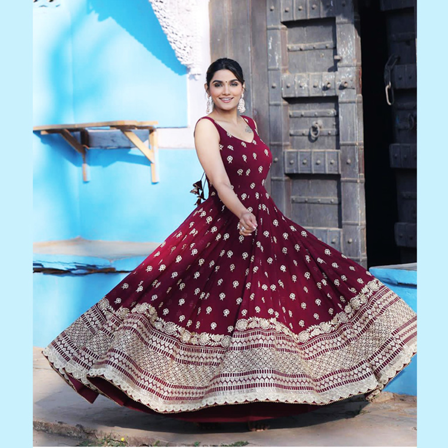 Talk By Fashion Women Wine Color Heavy Anarkali Gown with Pants and Dupatta Set