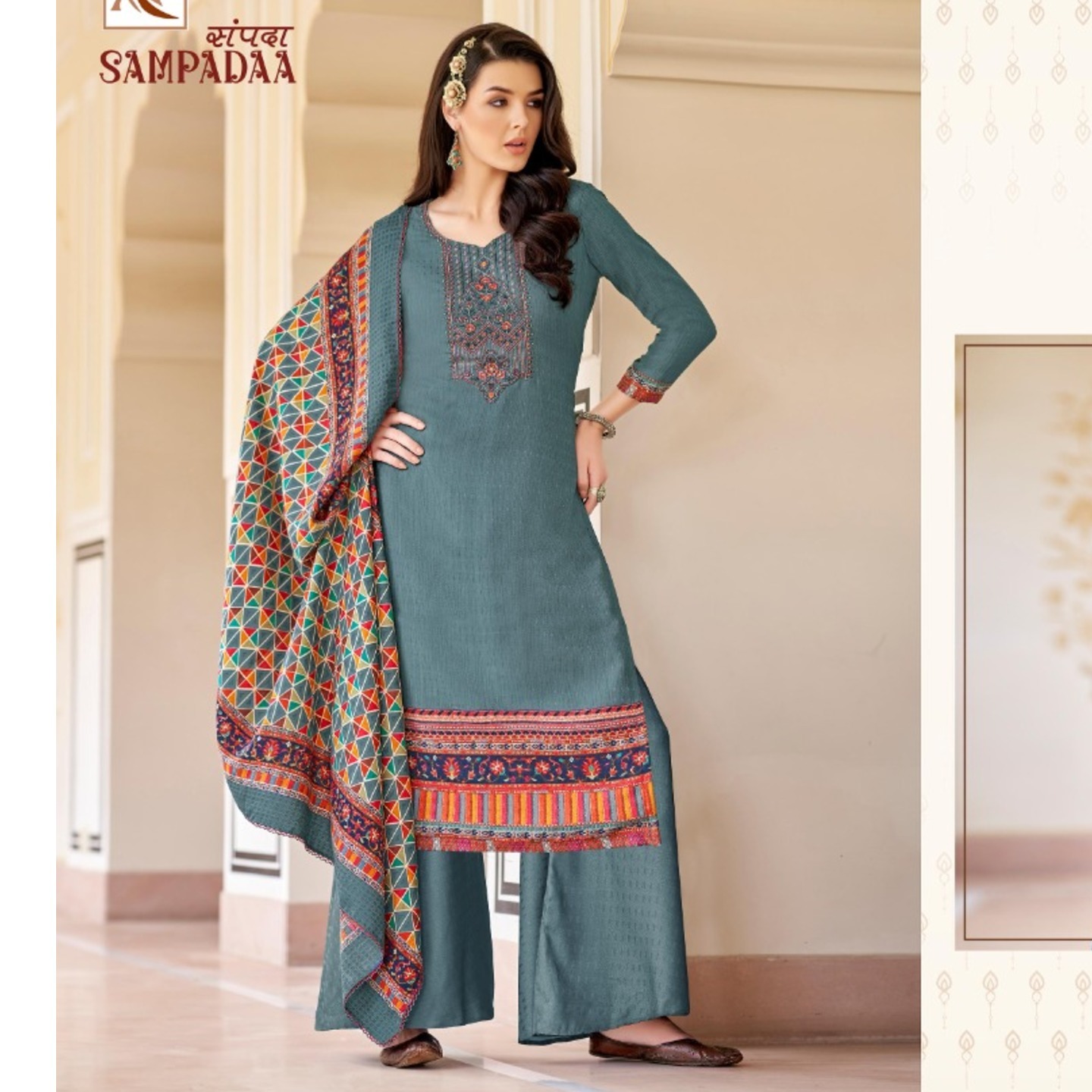 Women Pastel Blue Color Pure Woolen Pashmina Embroidered Dress Material