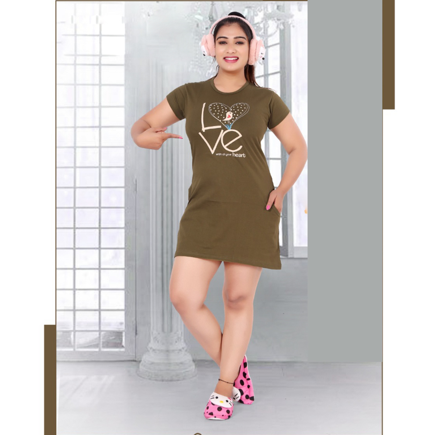 Talk By Fashion Women Round Neck Printed Long Tees with Pocket