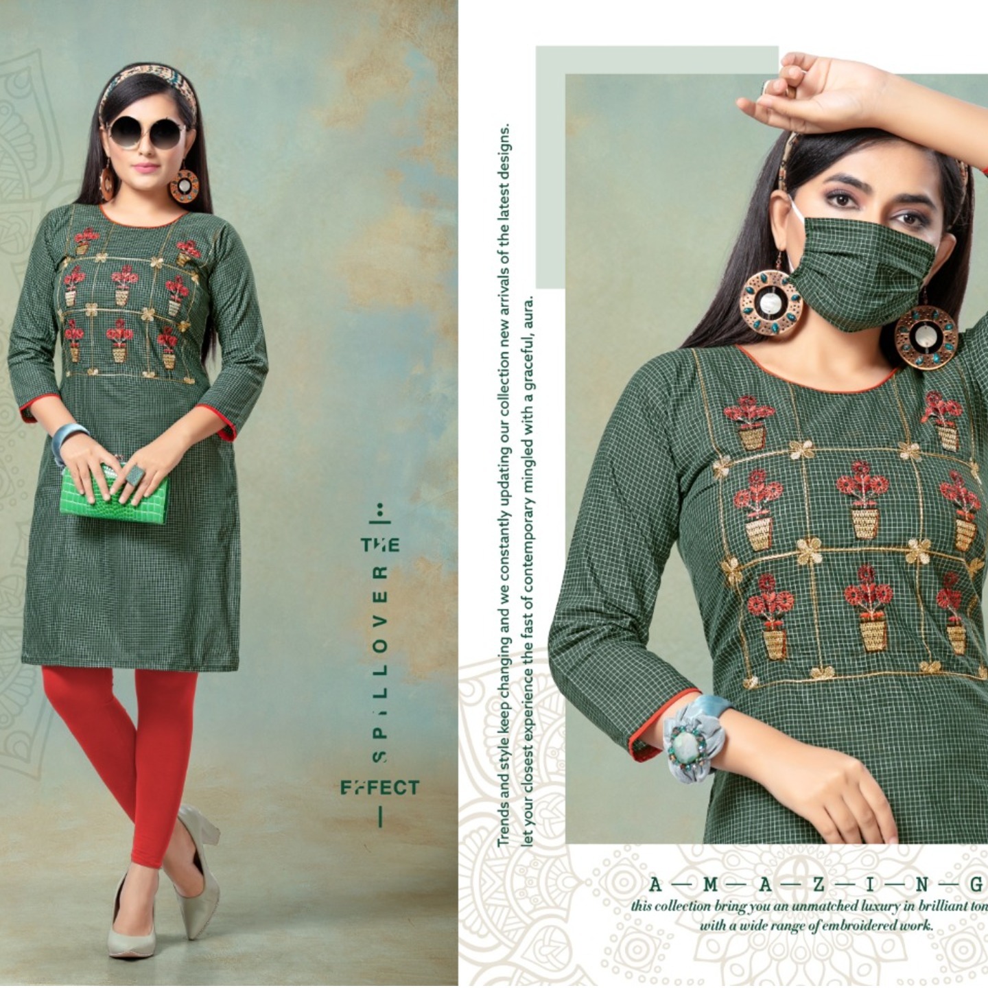 Talk By Fashion Women Soft Cotton Embroidered Kurti with mask Dark Green