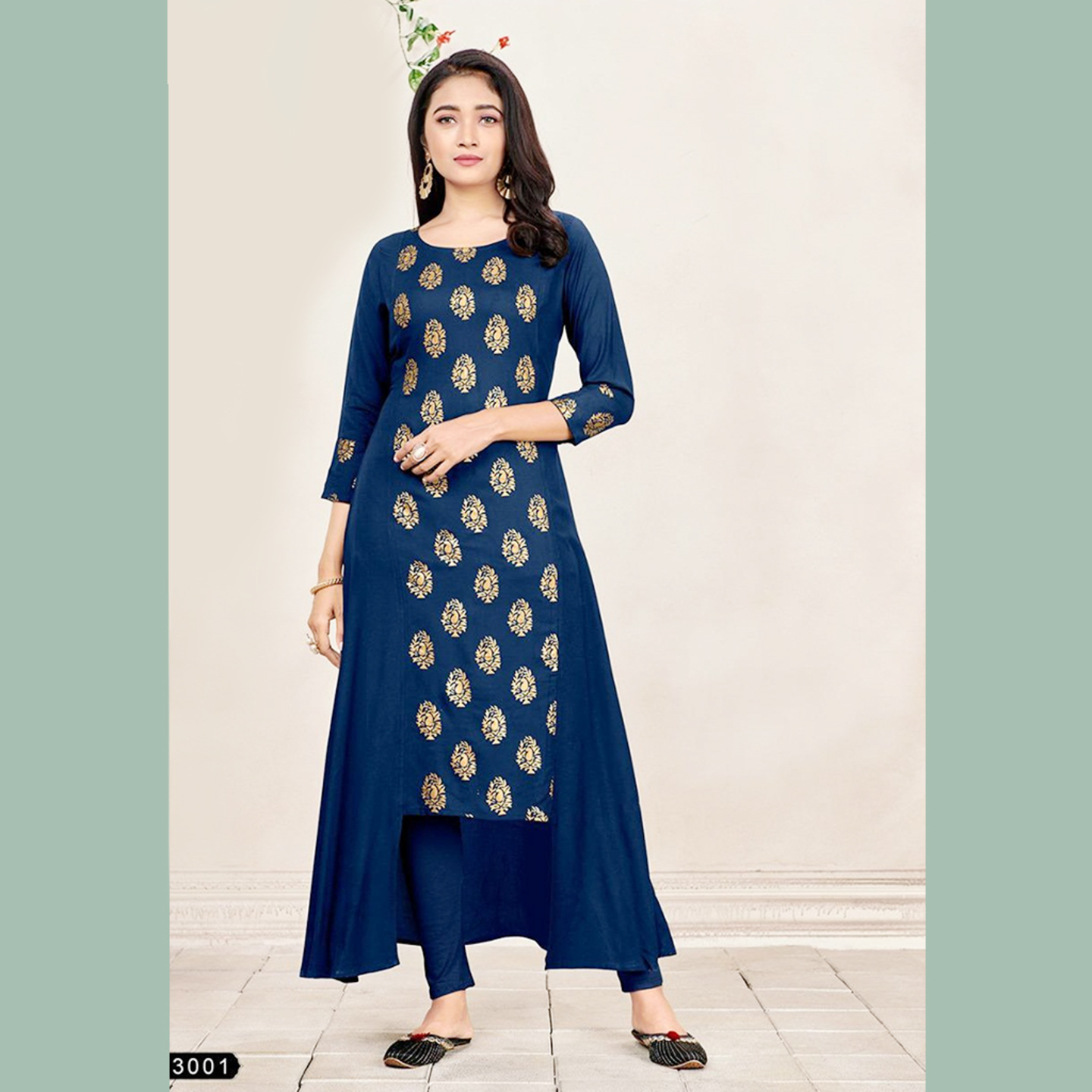 Talk By Fashion Women Soft Mal Mal Gold Foil Printed Long Top Dark Blue