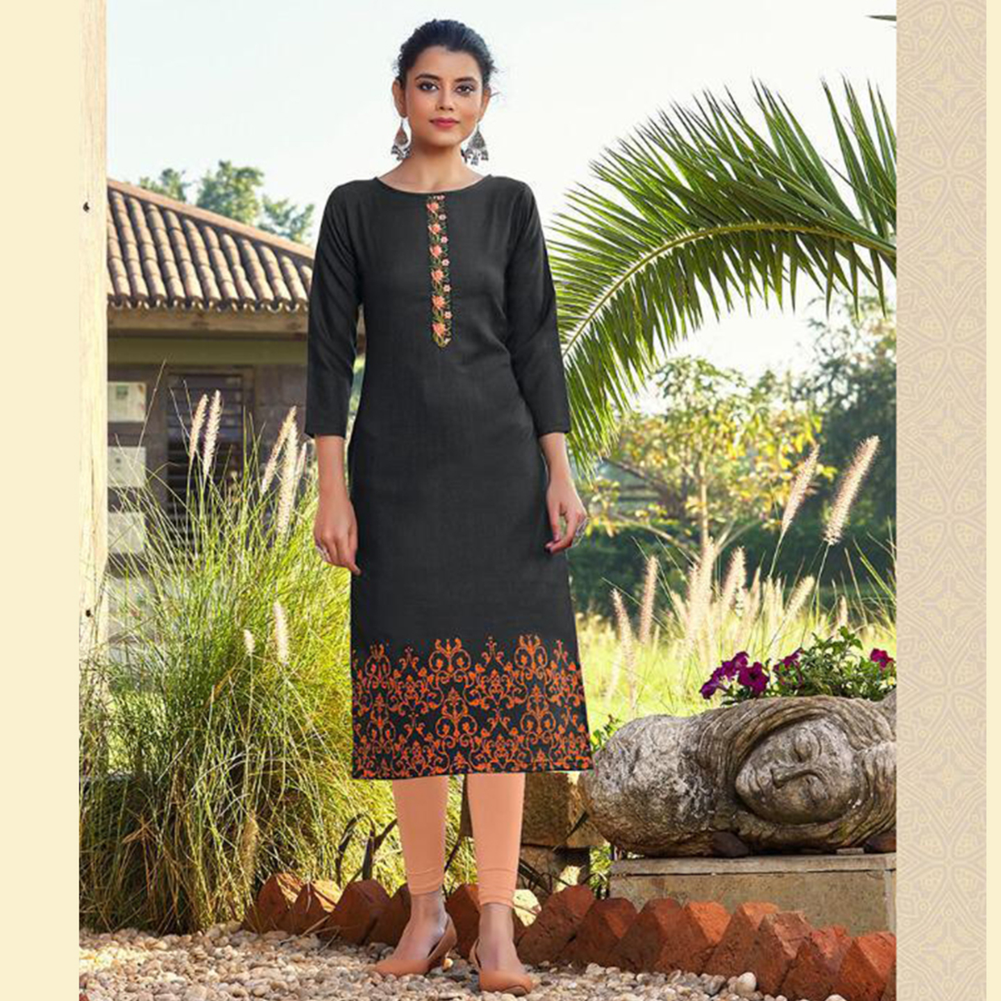 Talk By Fashion Embroidered Straight Kurti with Mask
