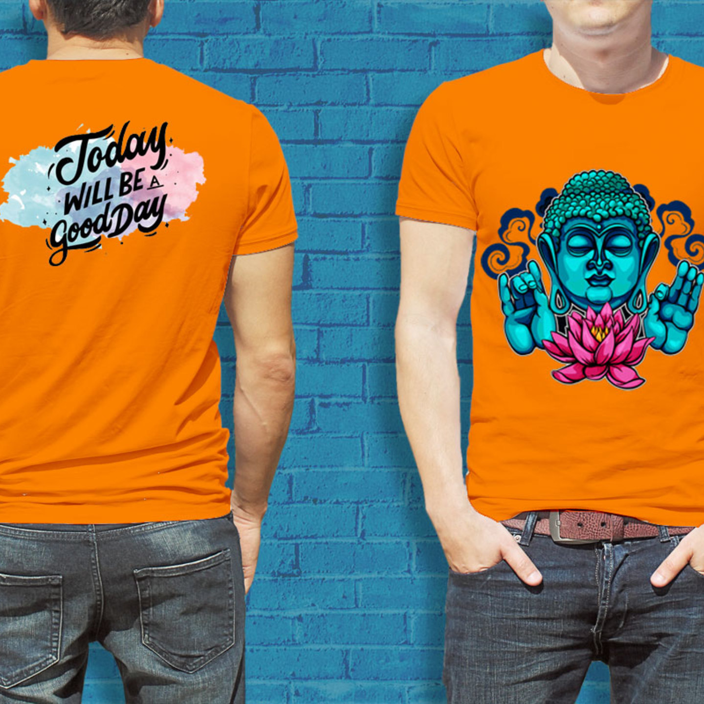 Talk By Fashion Blue Moon Buddha  designer T-shirt for Men Orange
