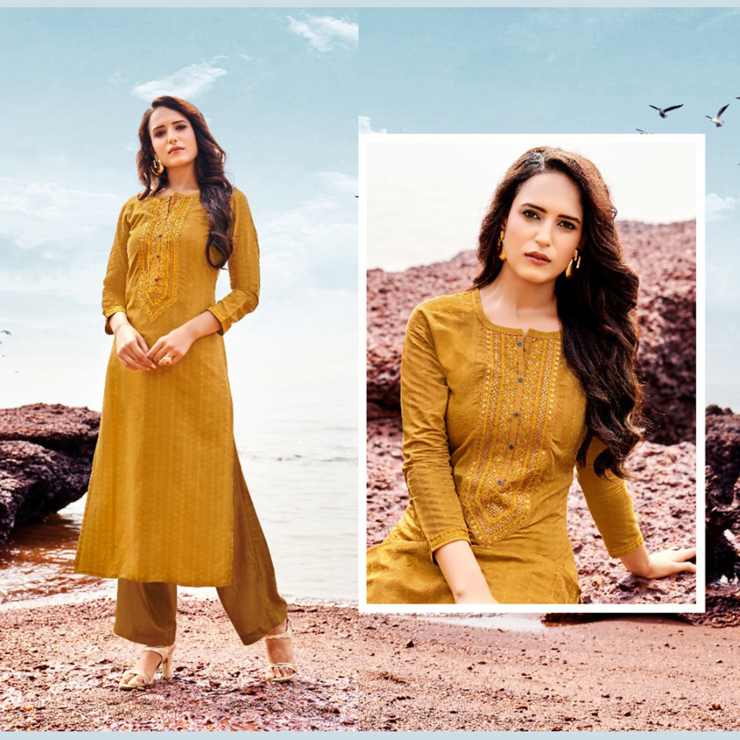 Women Gold Mustered Yellow Embroidered Straight Kurta