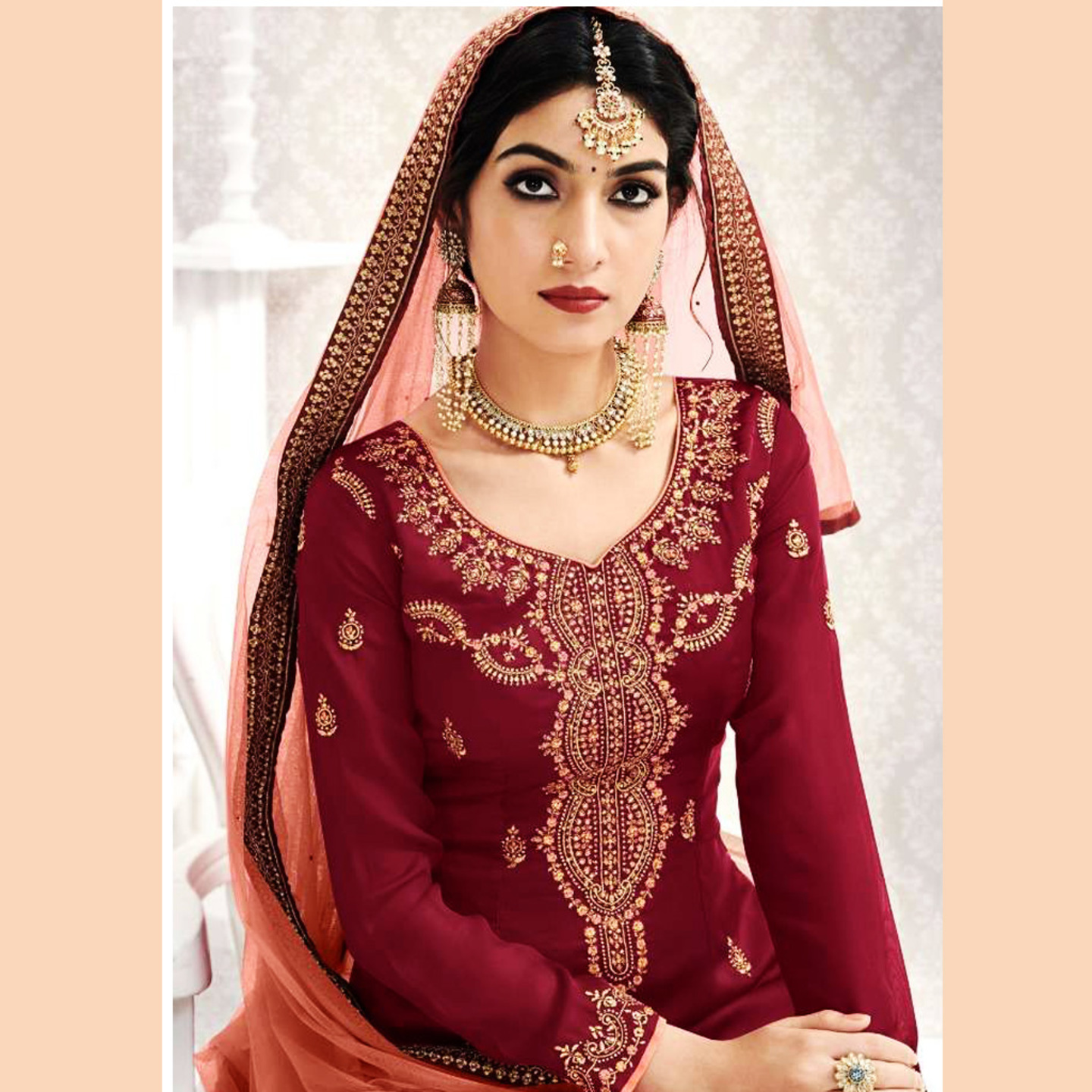 Talk By Fashion Women Dark Cherry Embroidered Kurta with Palazzo & Dupatta