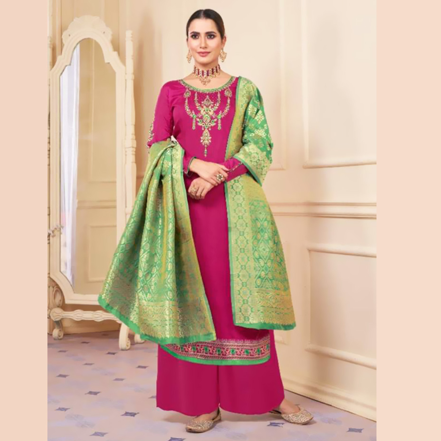 Women Dark Pink Embroidered Kurta with Palazzo & Banarasi Dupatta Set