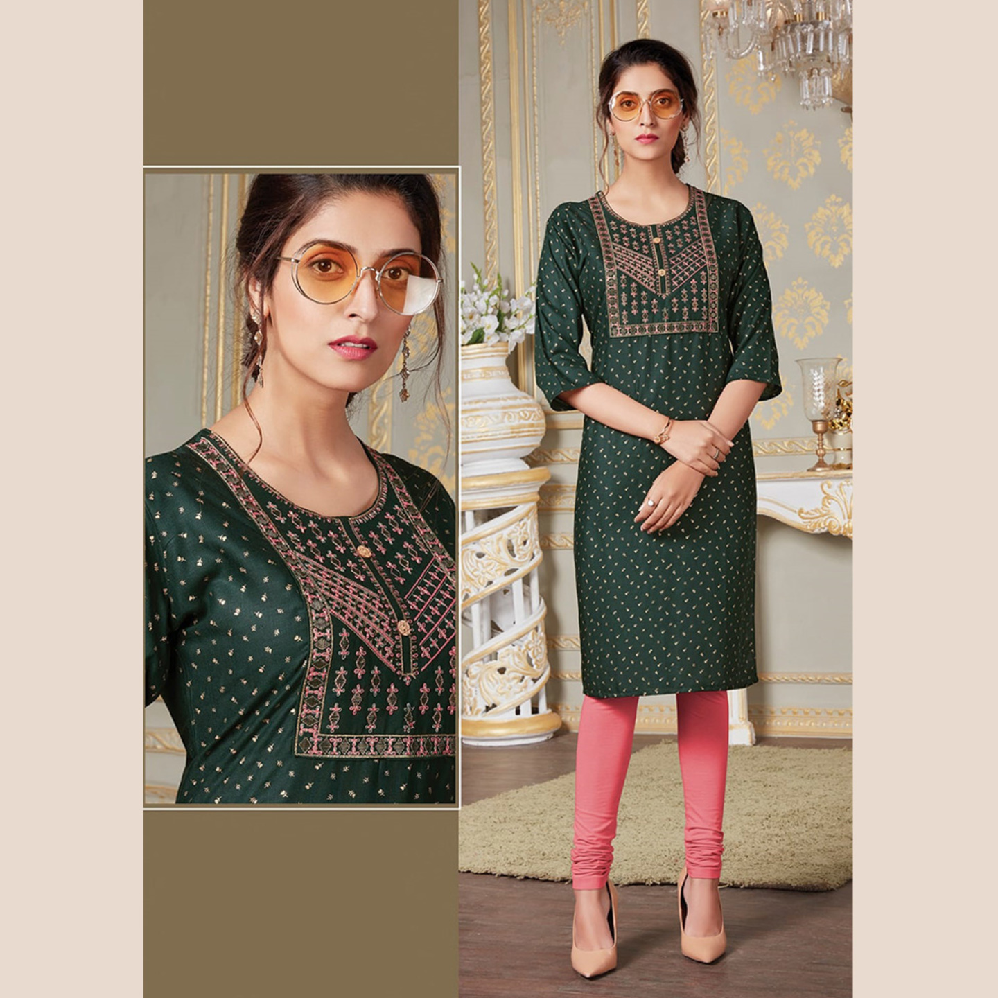Talk By Fashion Women Bottle Green Yoke Design Straight Kurti