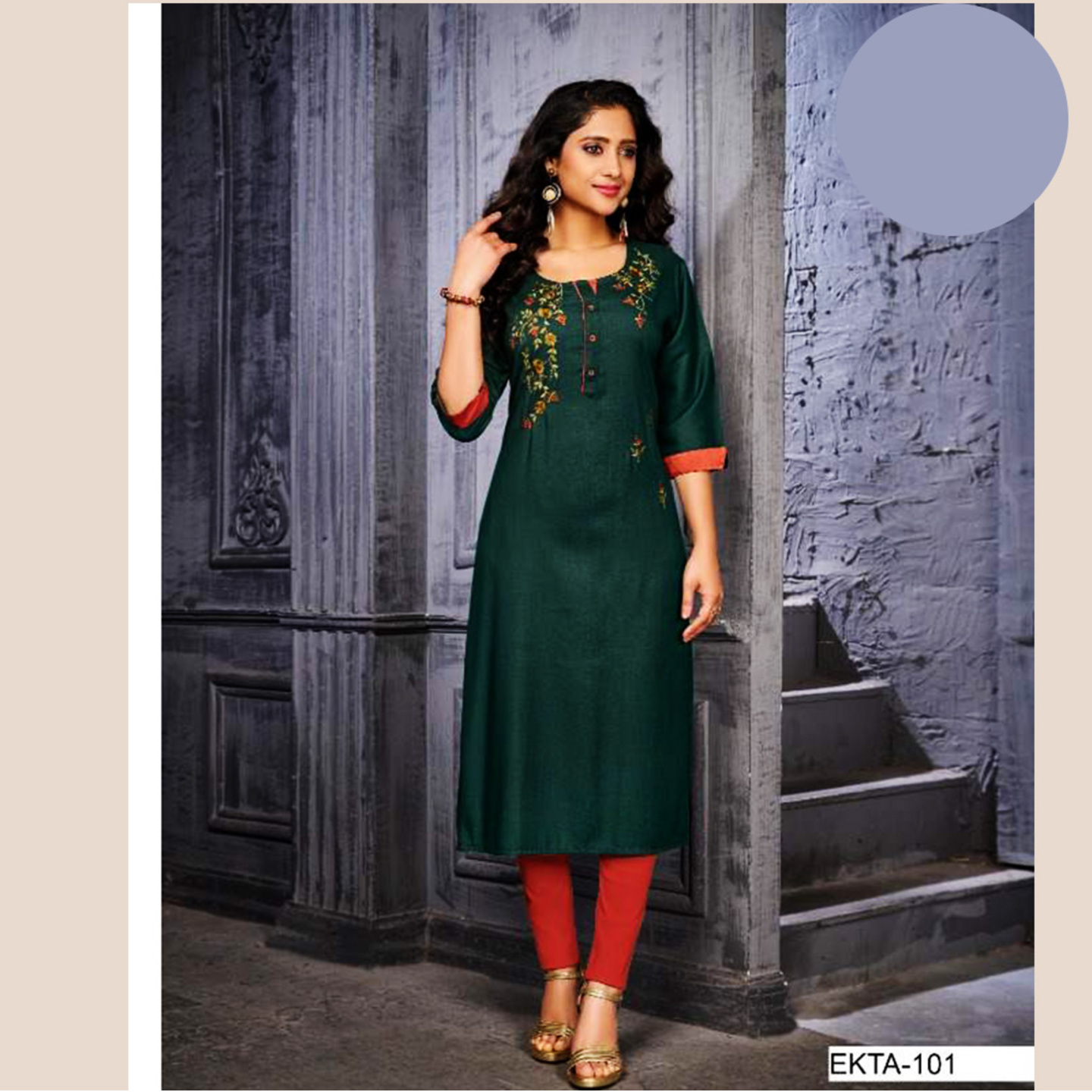 Talk By Fashion Women Bottle Green Embroidered Straight Long Kurti