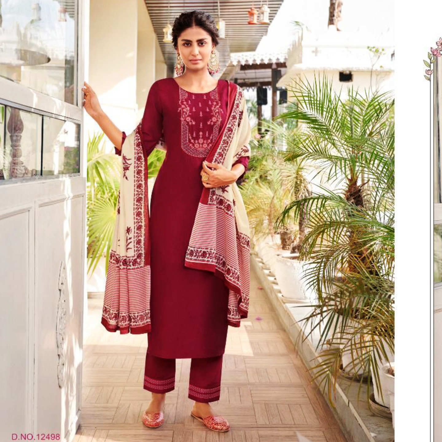 Talk By Fashion Women Chinon Silk Embroidered Kurta with Pants & Dupatta Maroon
