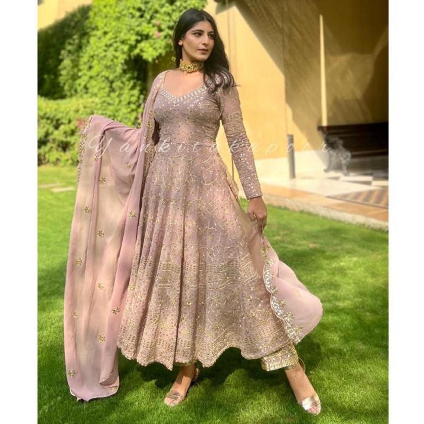 Talk By Fashion Women Pyazi Color Embroidered Party Gown Pant with Dupatta Set