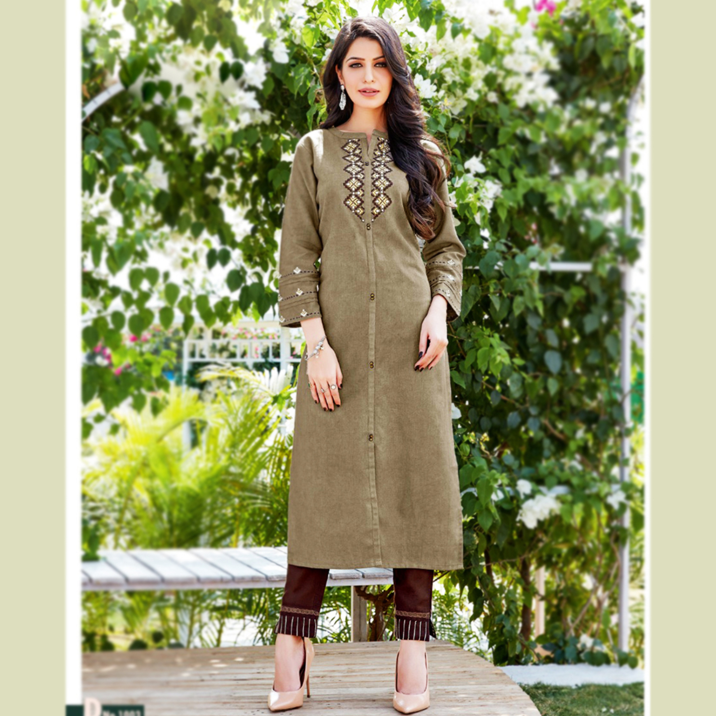 Ladies Flavour Women Light Espresso Color Embroidered Straight Kurta with Pants