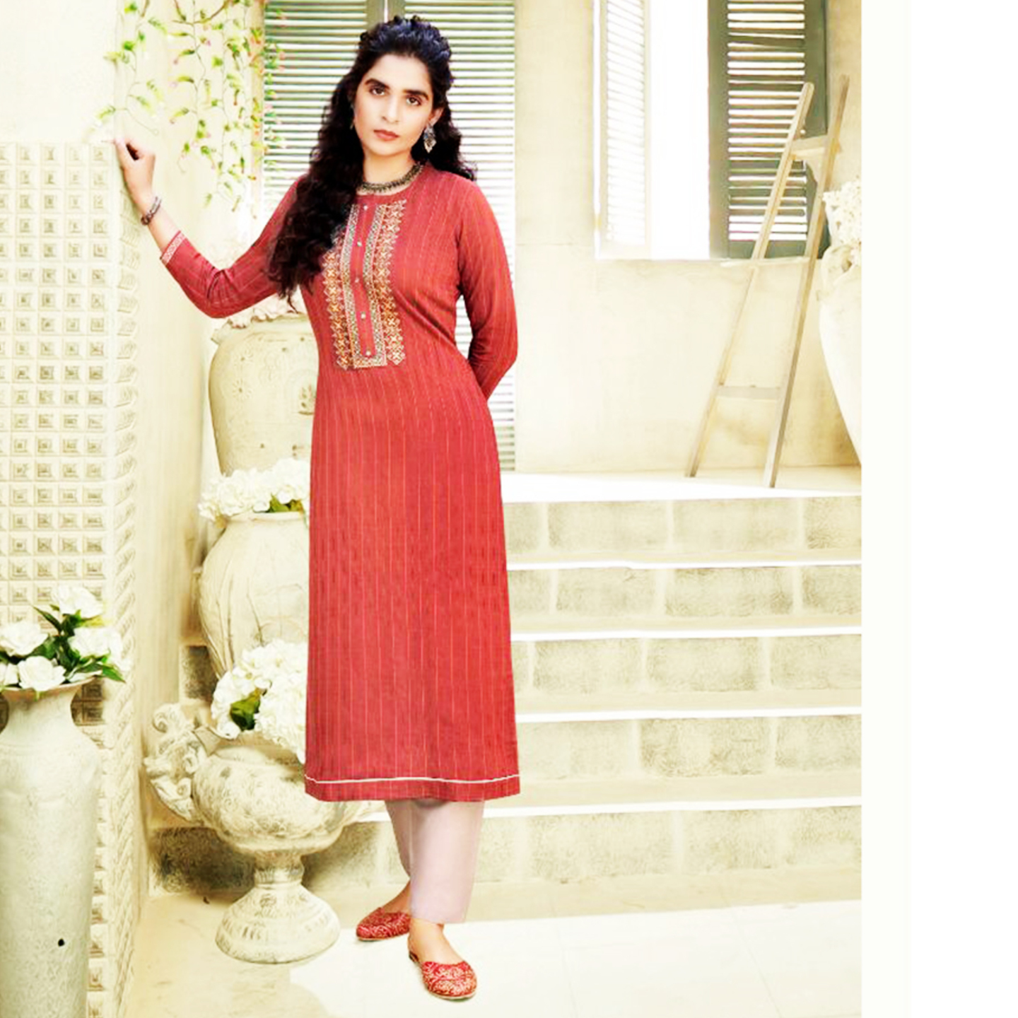 Talk By Fashion Women Brick Red Silk Linen Embroidered Straight Kurta