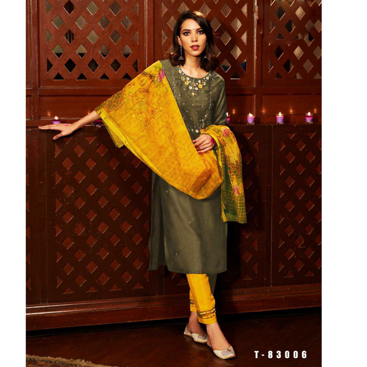 TALK BY FASHION Women Viscose Silk Kurta with Pants & Dupatta Dark Olive Green