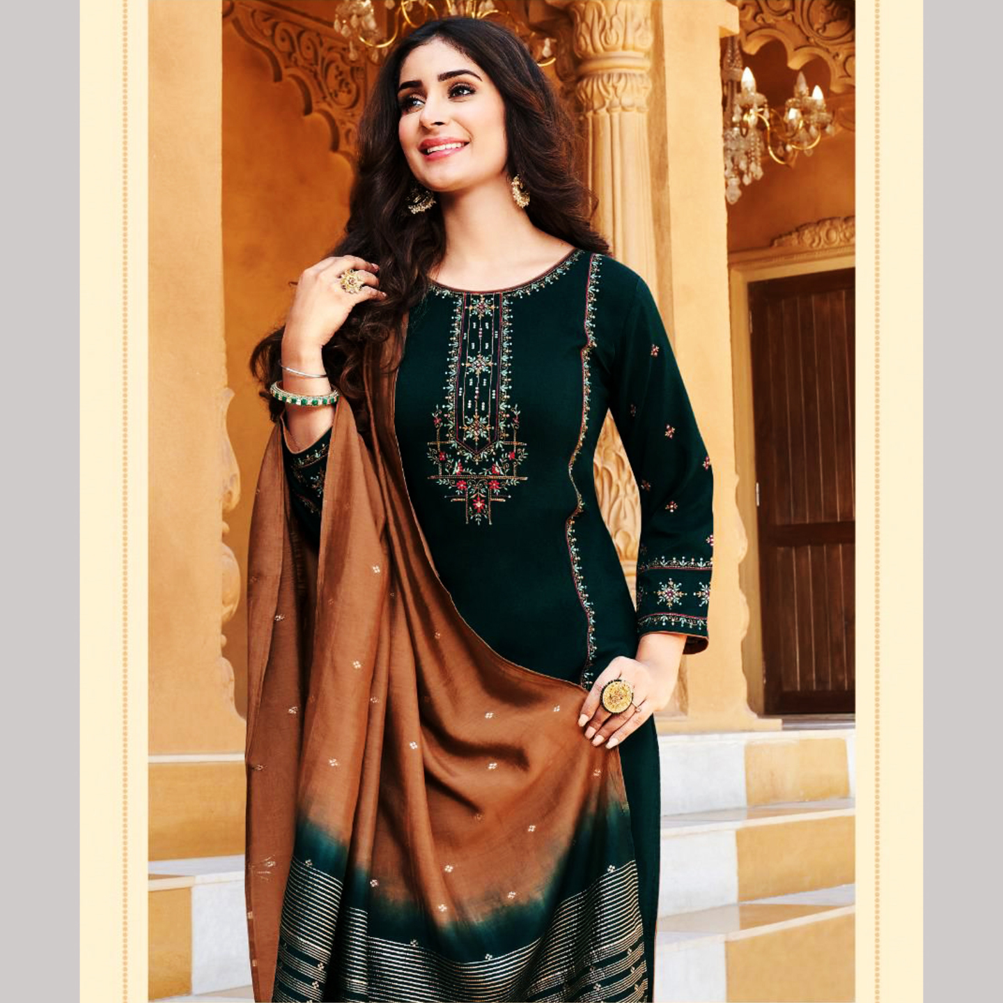 TALK BY FASHION Women Viscose Silk Kurta with Pants & Dupatta Dark Green & Brown