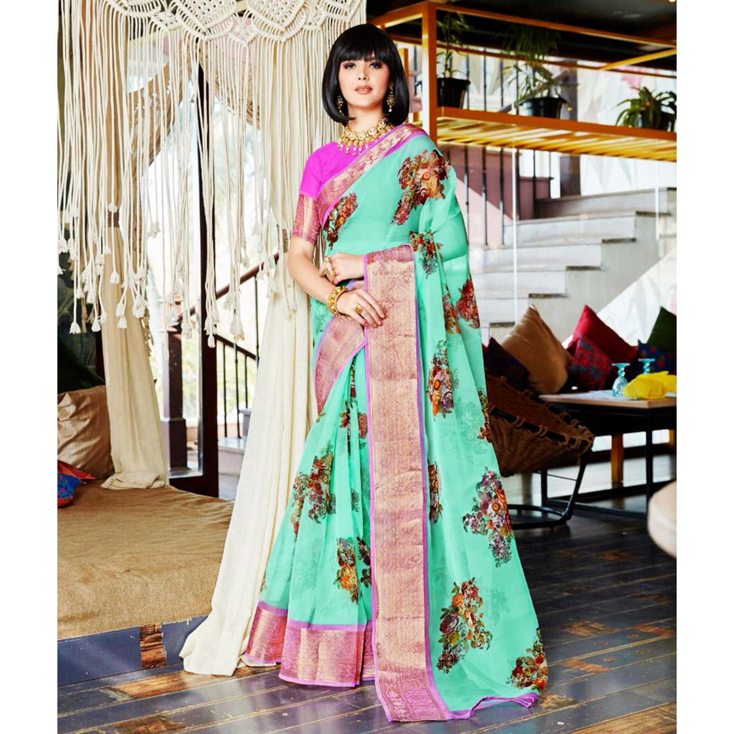Talk By Fashion Women Pure Organza CollamSilk Saree Ocean green