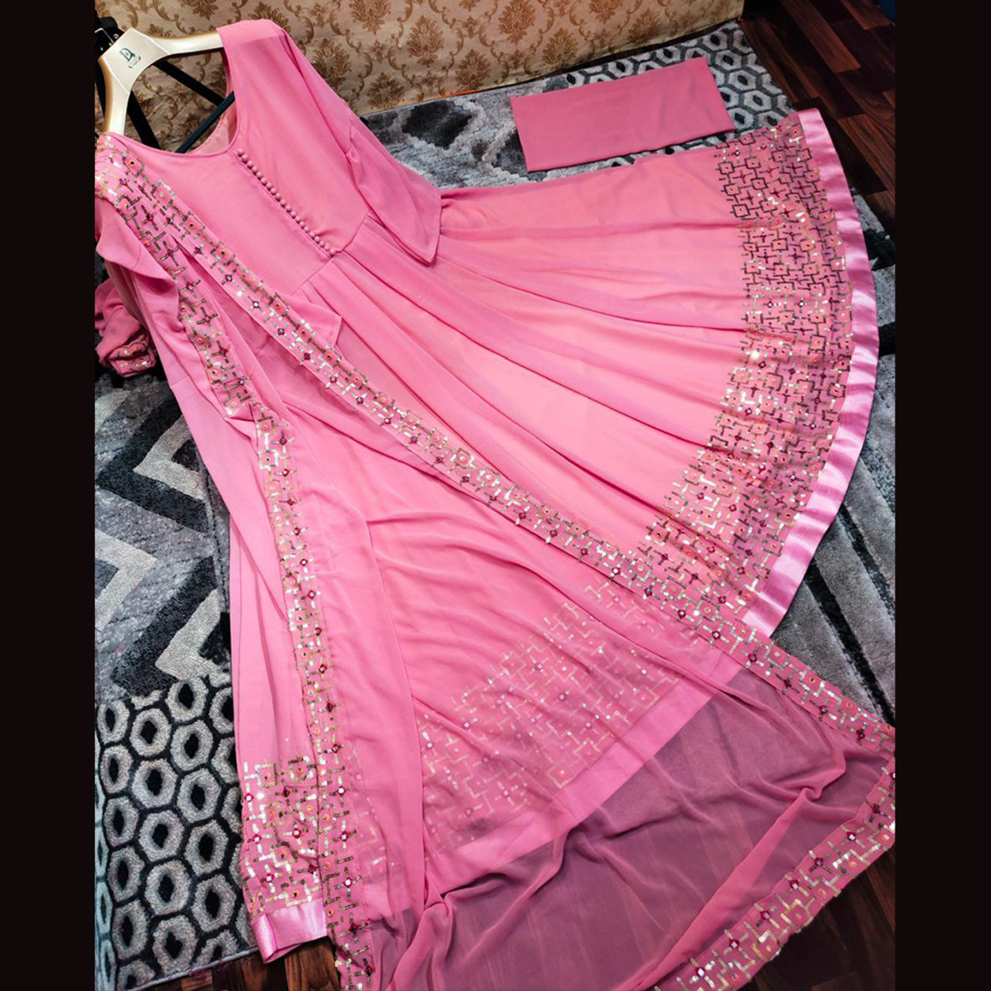 Talk By Fashion Women Pink Color Embroidered Long Gown with Dupatta Set