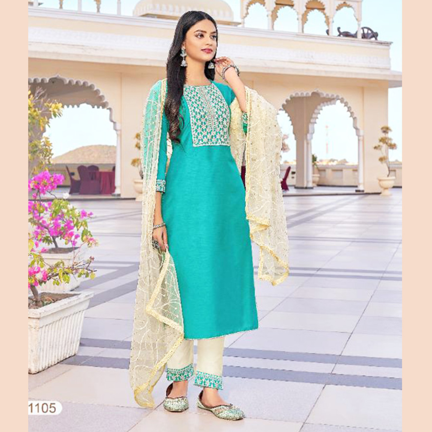 Talk By Fashion Women Chanderi Silk Embroidered Kurta with Pants & Dupatta