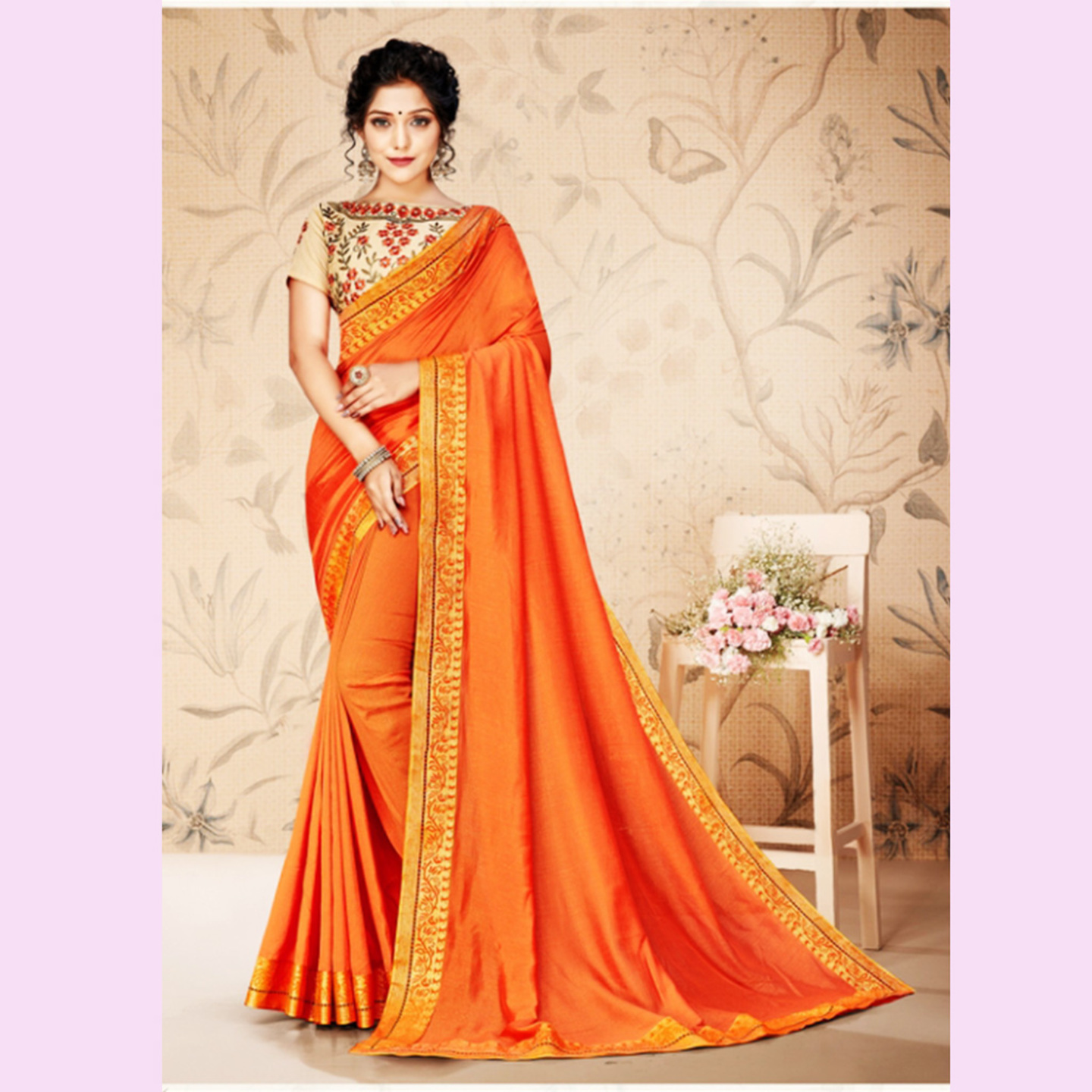 Talk By Fashion Women Solid Orange Colored Vichitra Silk Saree