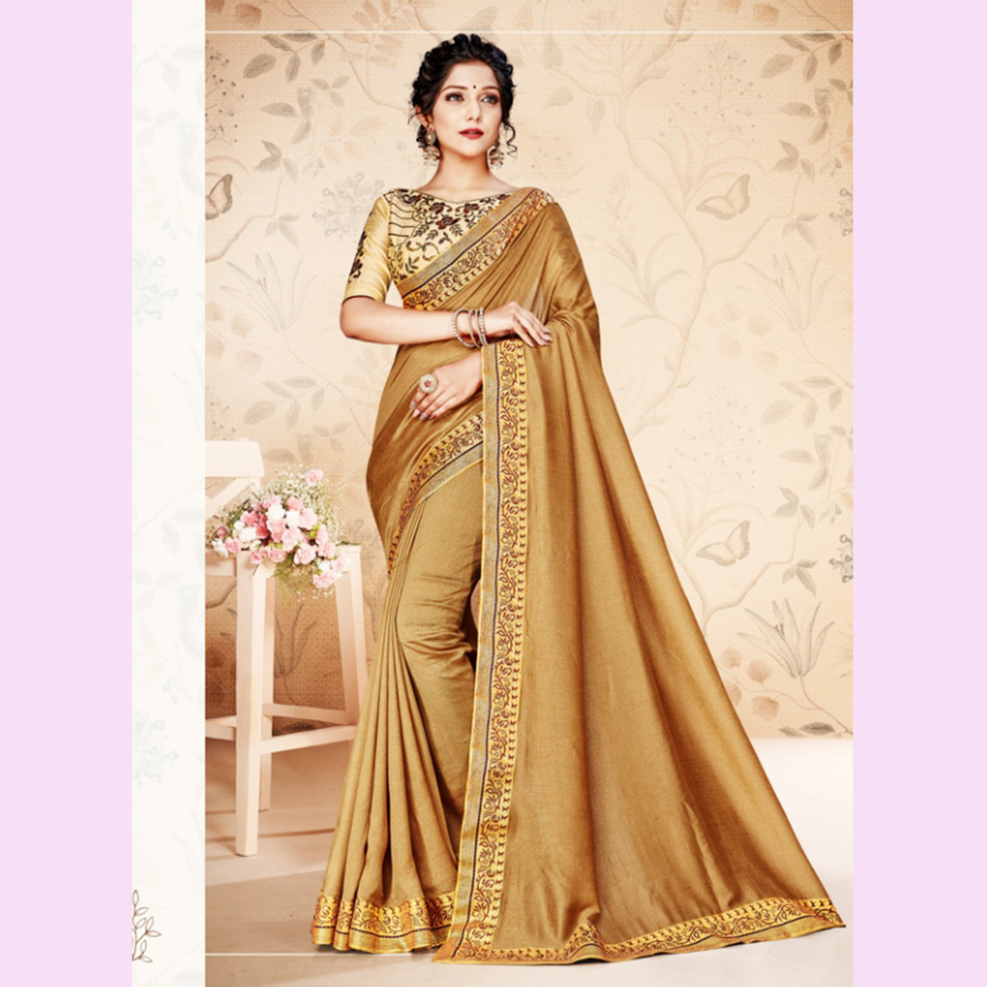 Talk By Fashion Women Solid Golden Beige Color Vichitra Silk Saree with Border