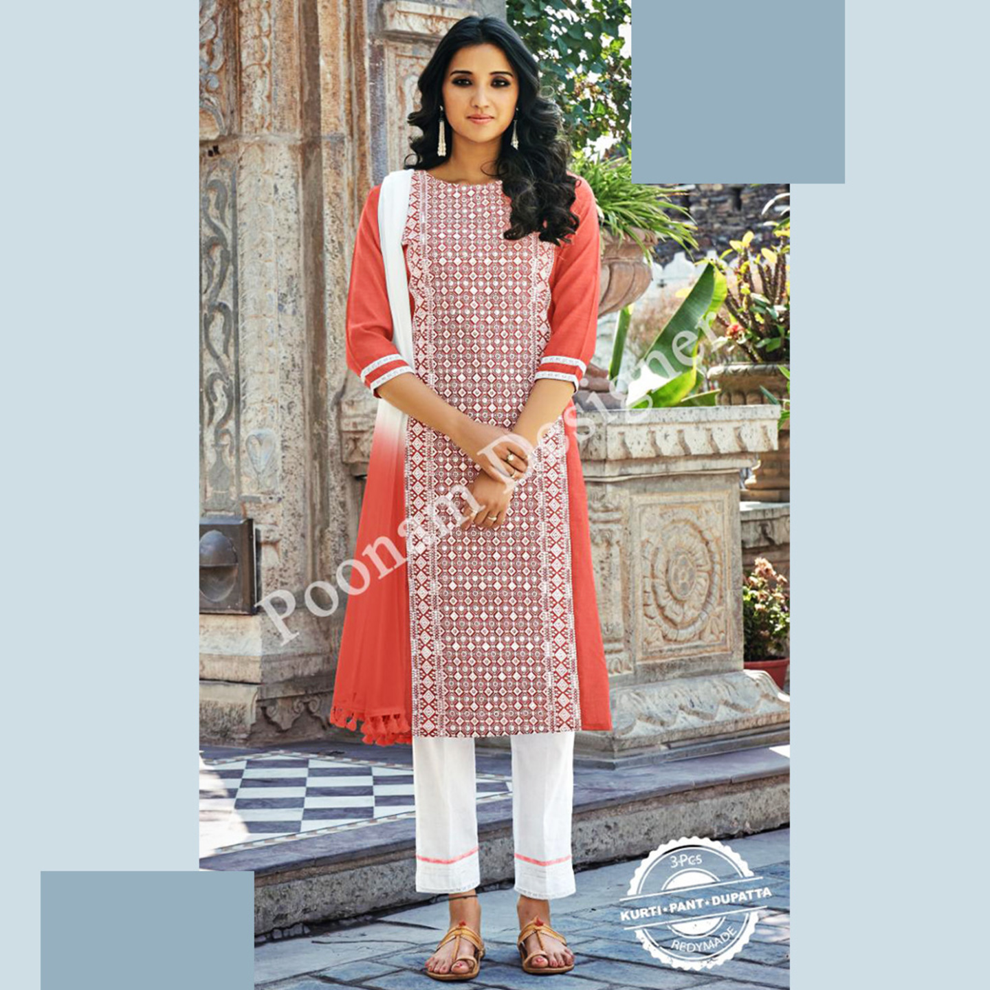 Women Coral Pink & White Lucknowi Cotton Kurta with Trousers & Dupatta