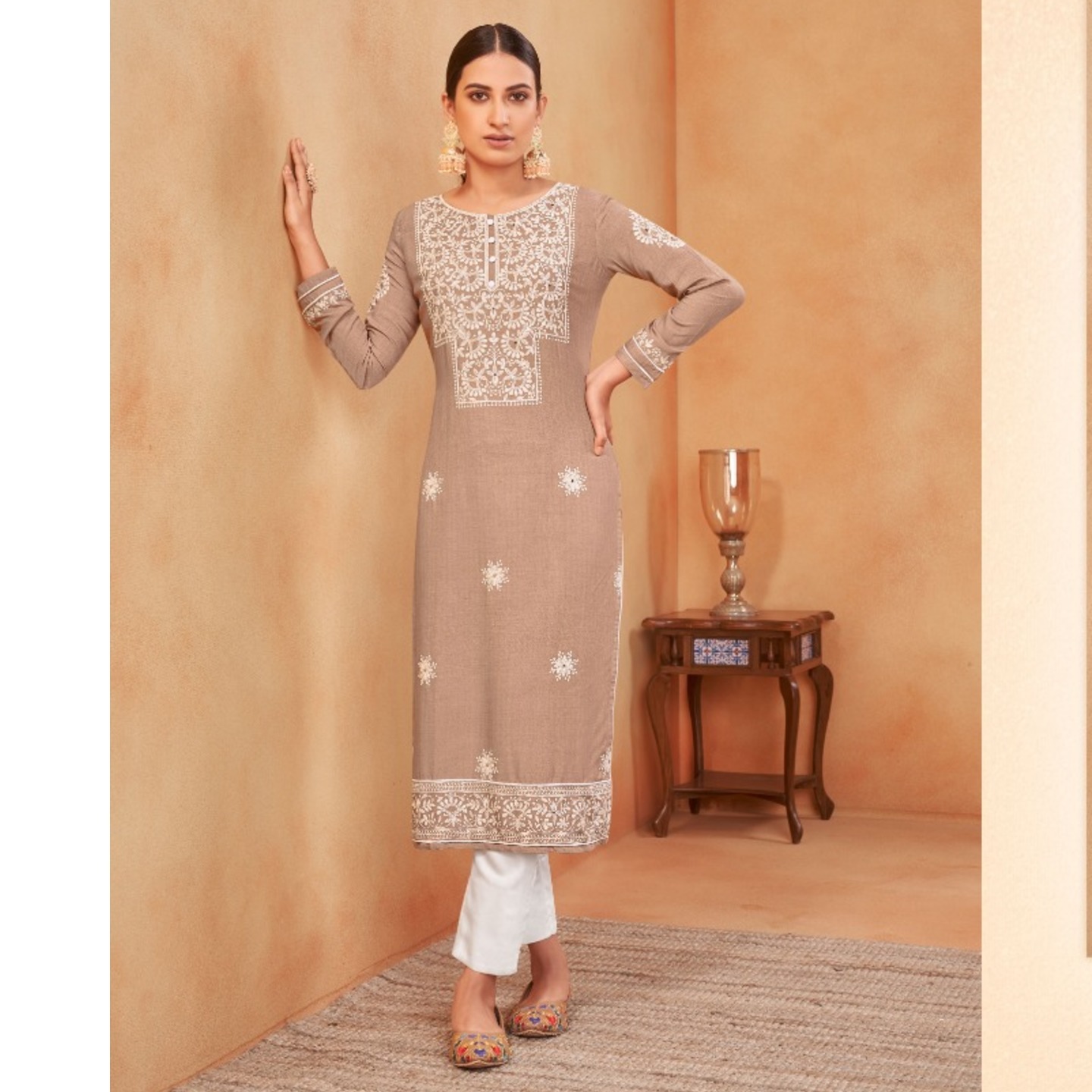 Talk By Fashion Women Cotton Lucknowi Chikan Embroidered Kurta with Pants
