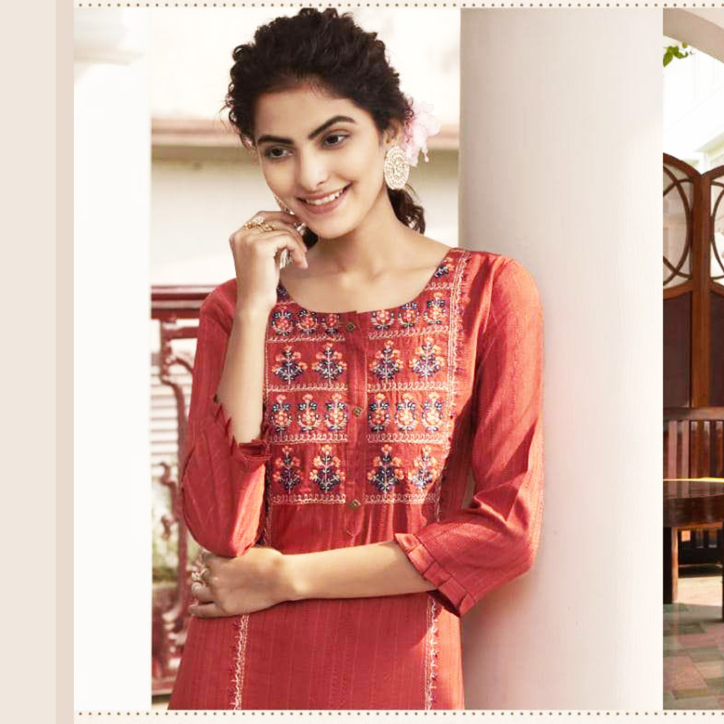 Talk By Fashion Women Embroidered Brown Color Cotton Linen Straight Kurti