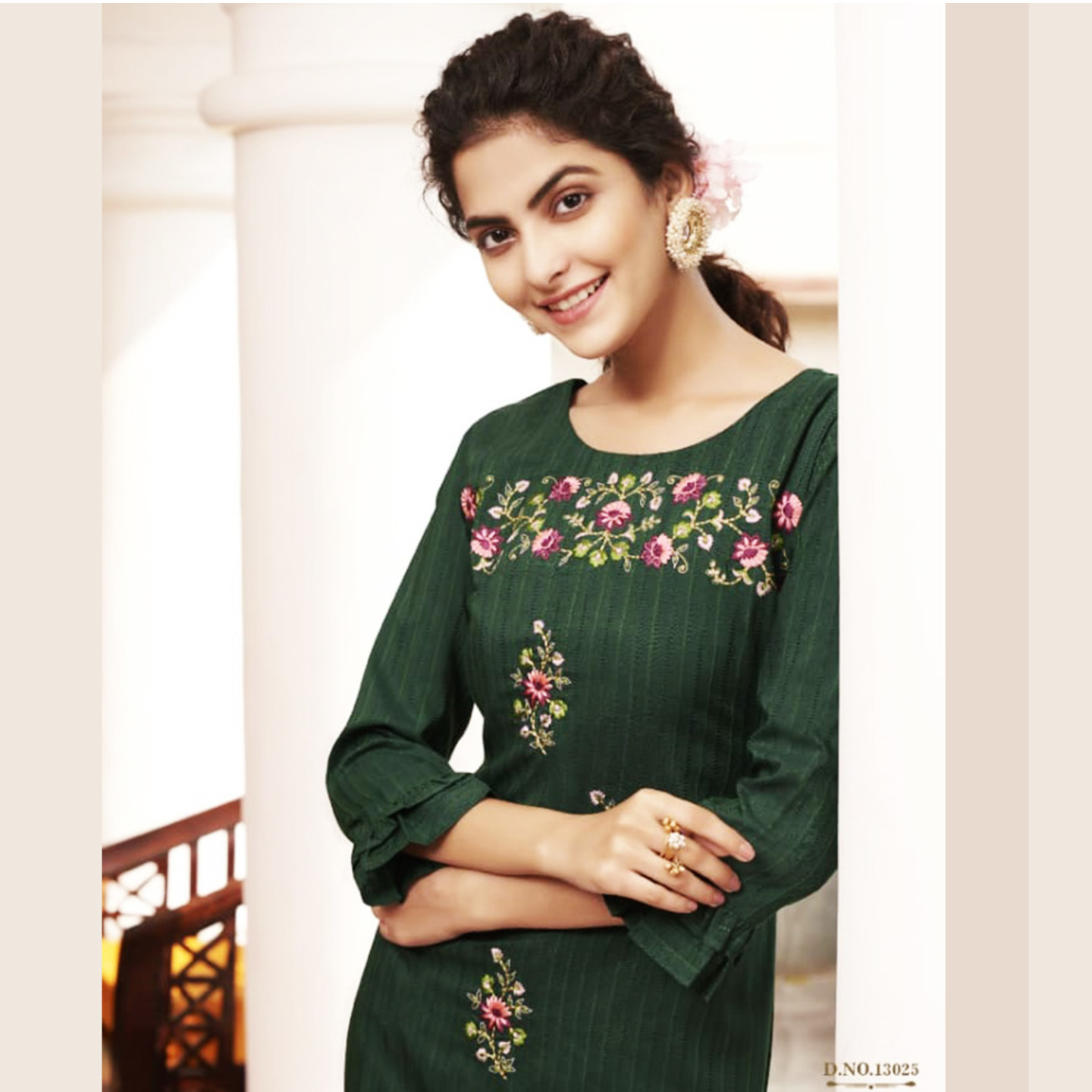 Talk By Fashion Women Embroidered Bottle Green Color Cotton Linen Straight Kurti