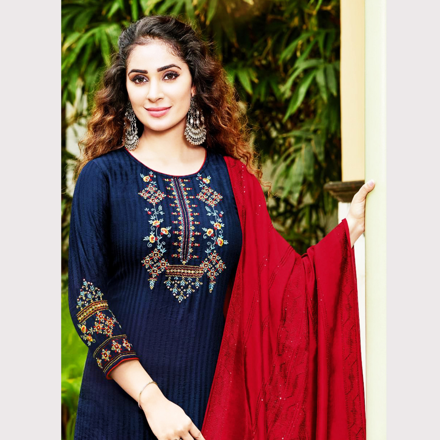 TALK BY FASHION Women Viscose Silk Kurta Sets with Trousers & Dupatta Blue & Red