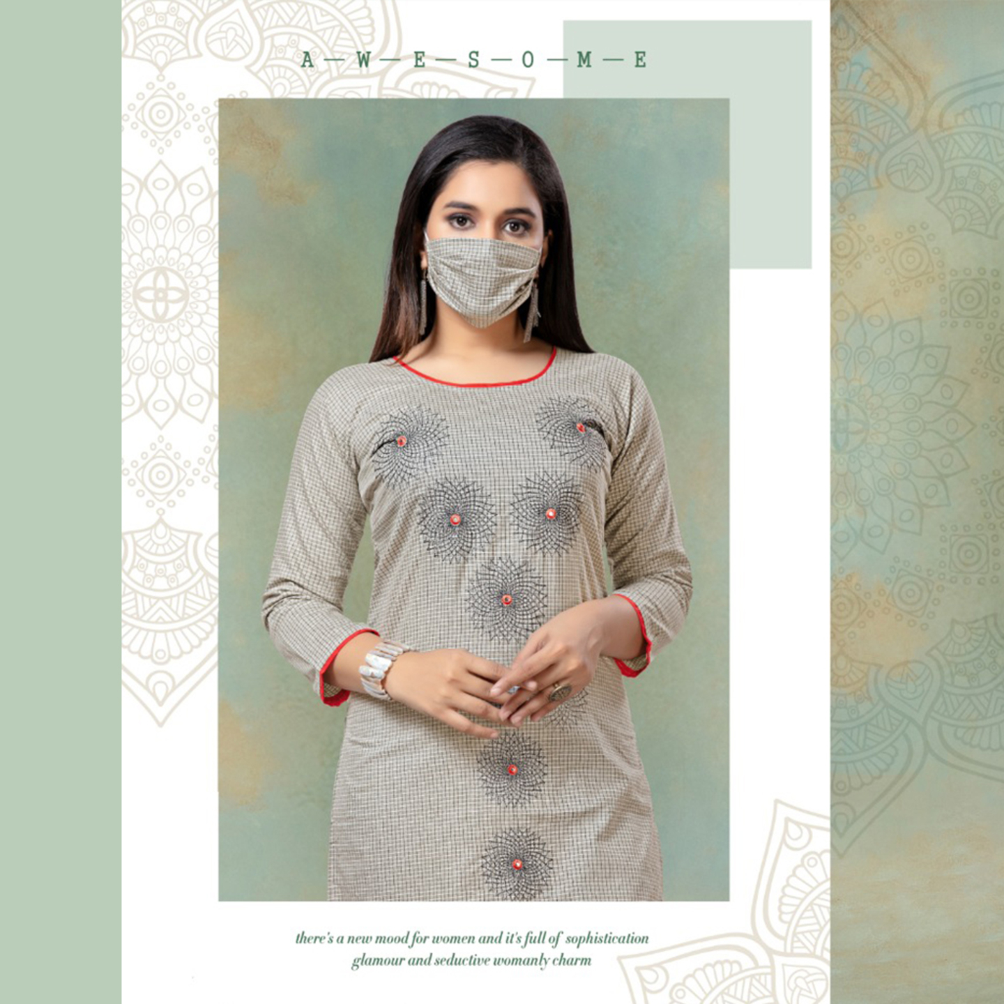 Talk By Fashion Women Soft Cotton Embroidered Kurti with mask Light Gray