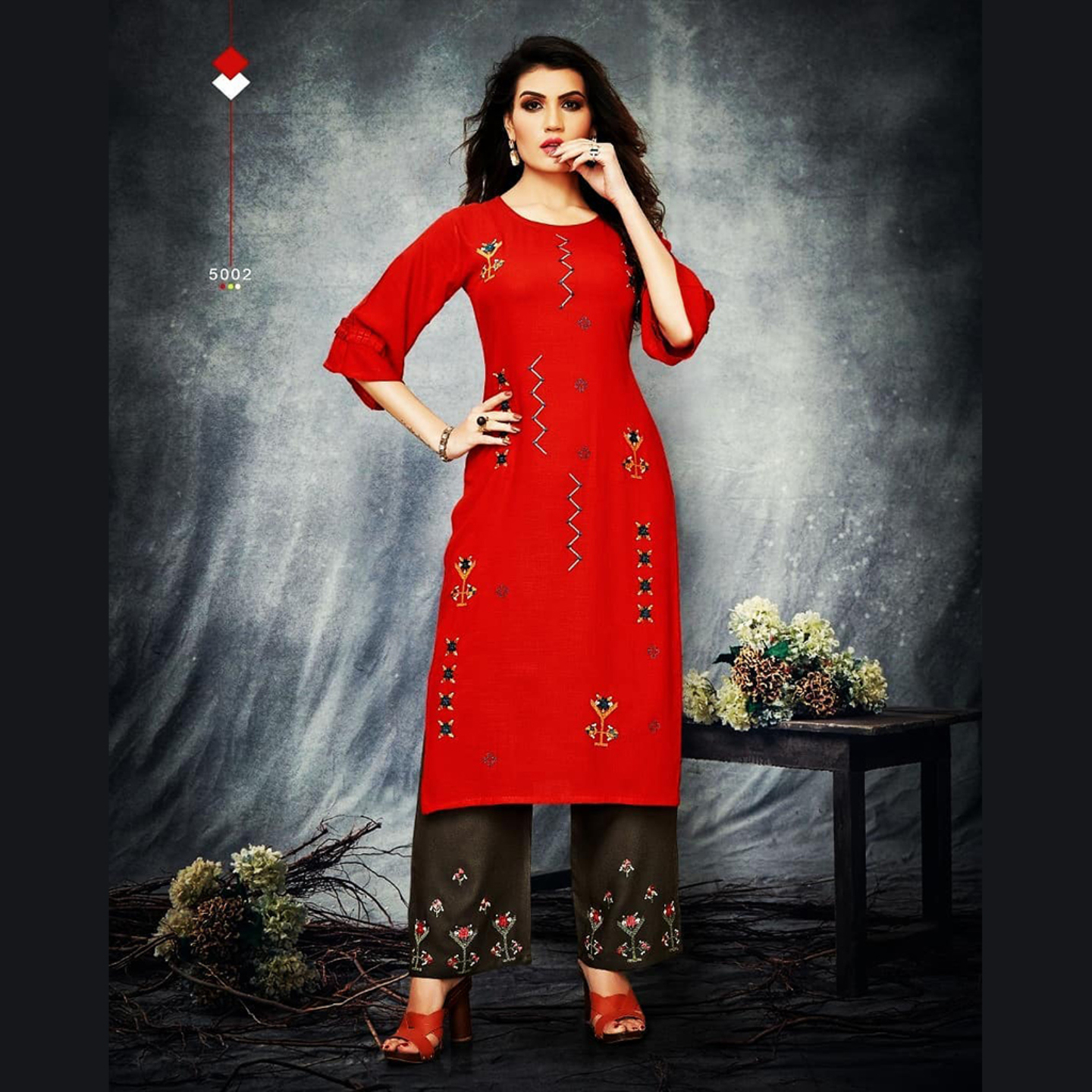 Talk By Fashion Women Embroidered Kurti with Palazzo Set Red