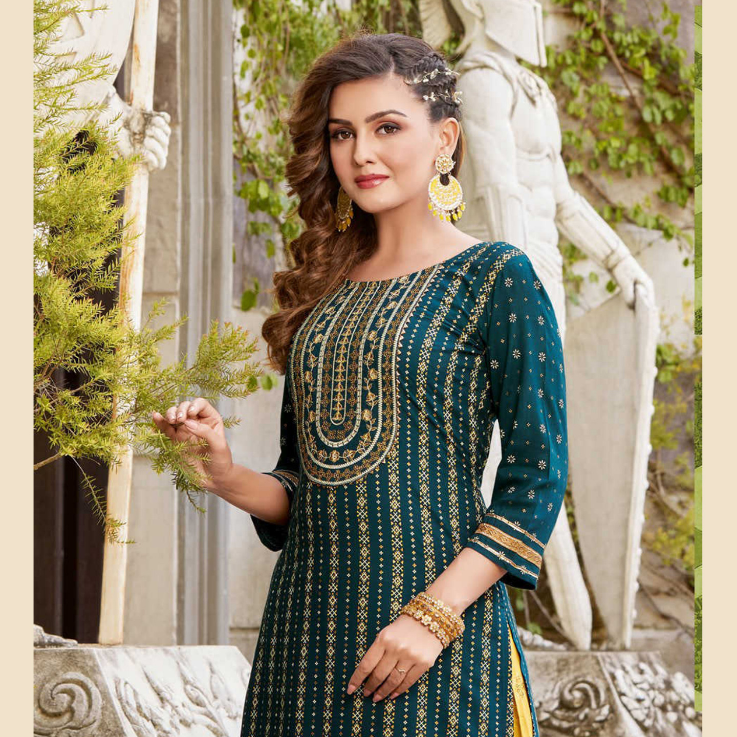 Liva Fashion Women Dark Sea Blue with Yellow Printed Kurta with Flared Plazzos Set