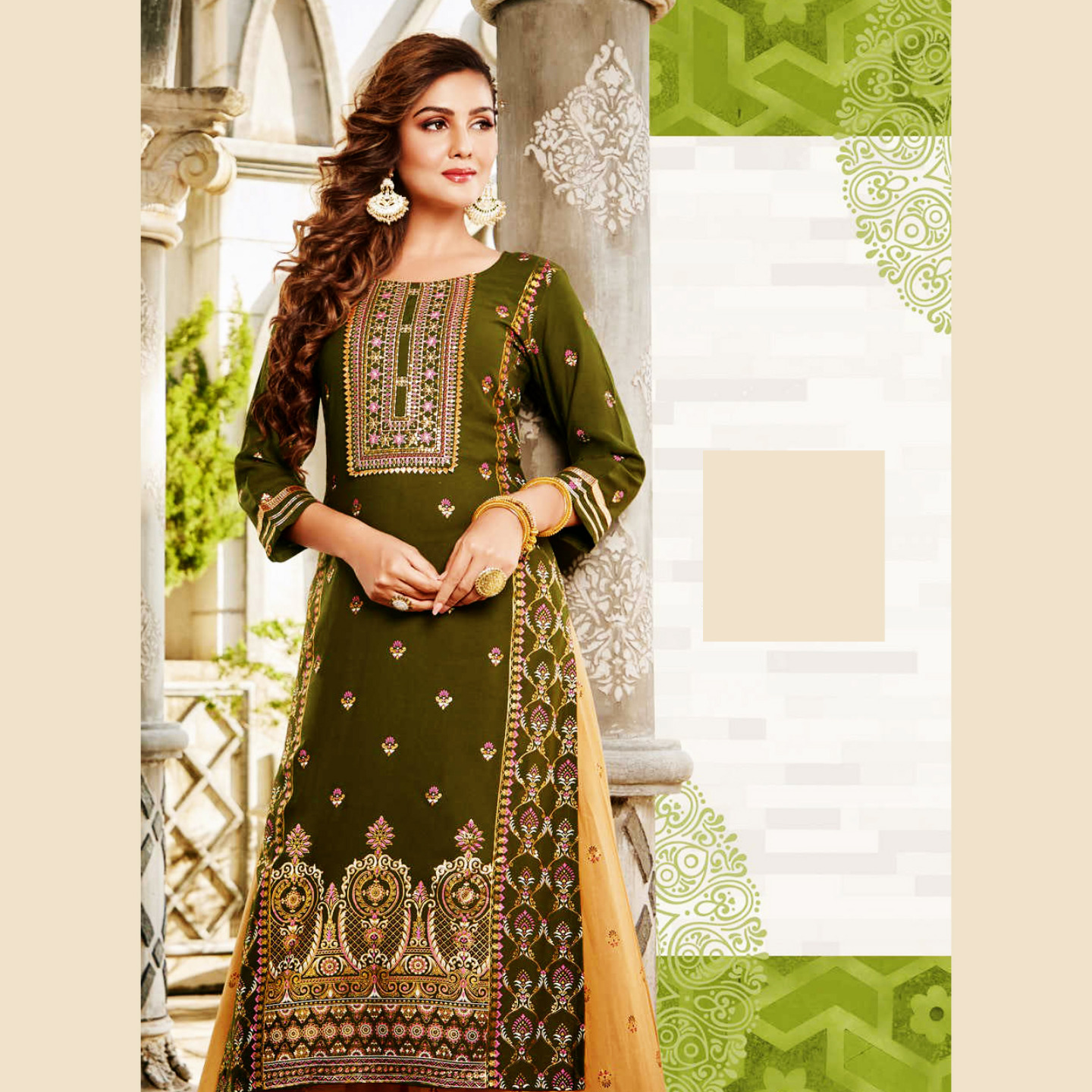 Liva Fashion Women Henna Green Color Printed Kurta with Flared Palazzos Set