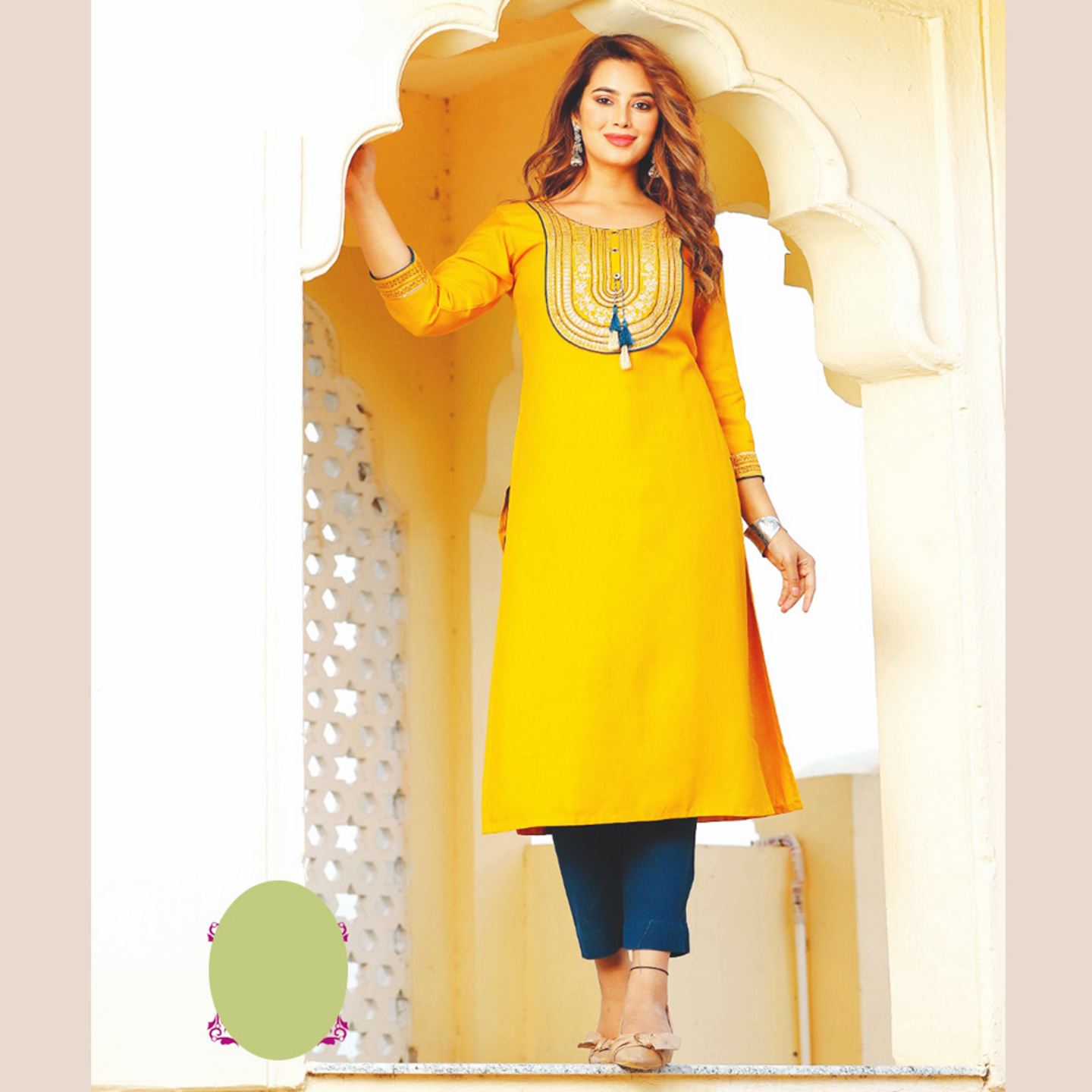 Liva Fashion Women Embroidered Yellow Color A-line Kurti