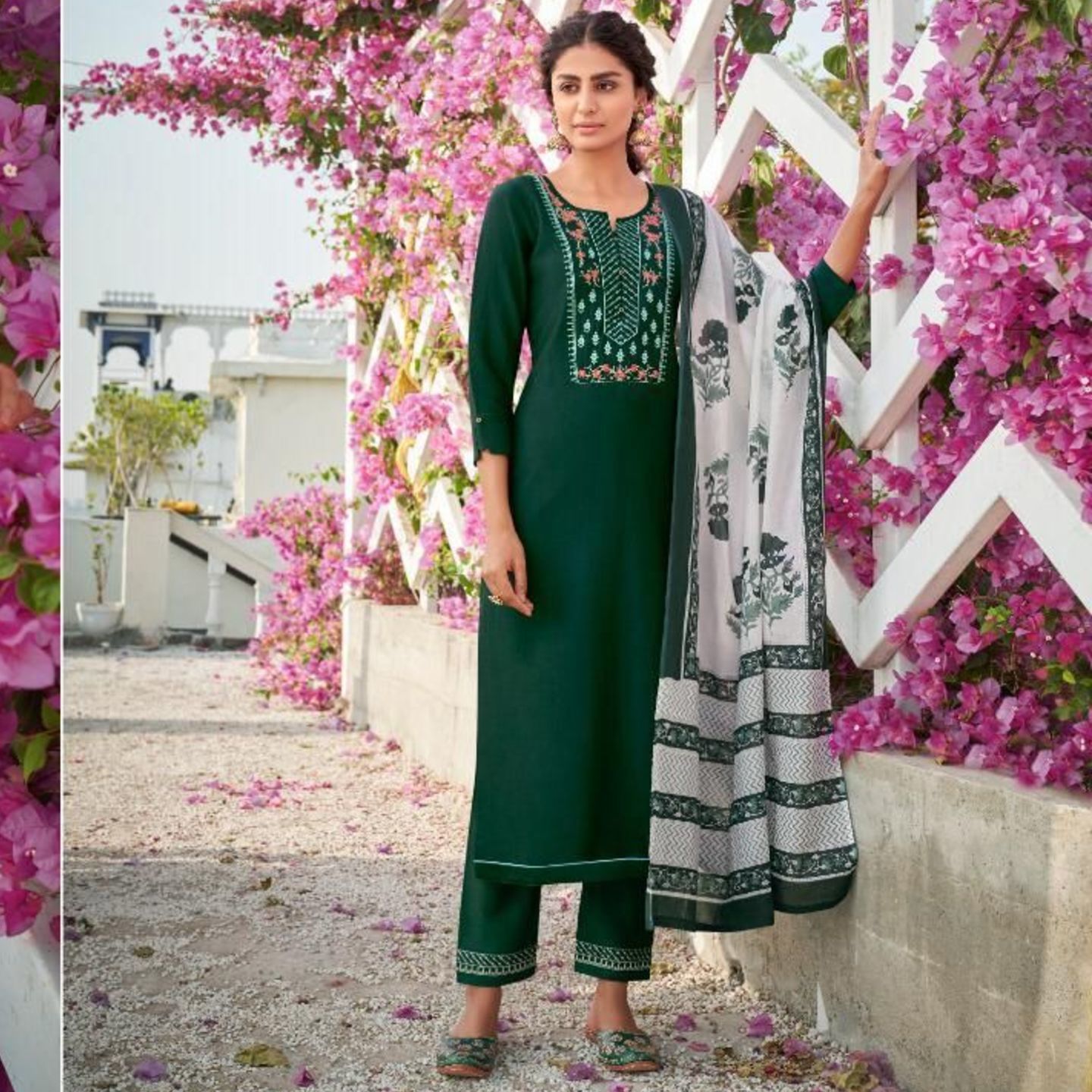 Talk By Fashion Women Chinon Silk Embroidered Kurta with Pants & Dupatta Green
