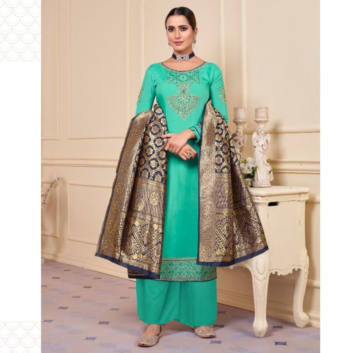Women Aqua Blue Embroidered Kurta with Palazzo & Banarasi Dupatta Set
