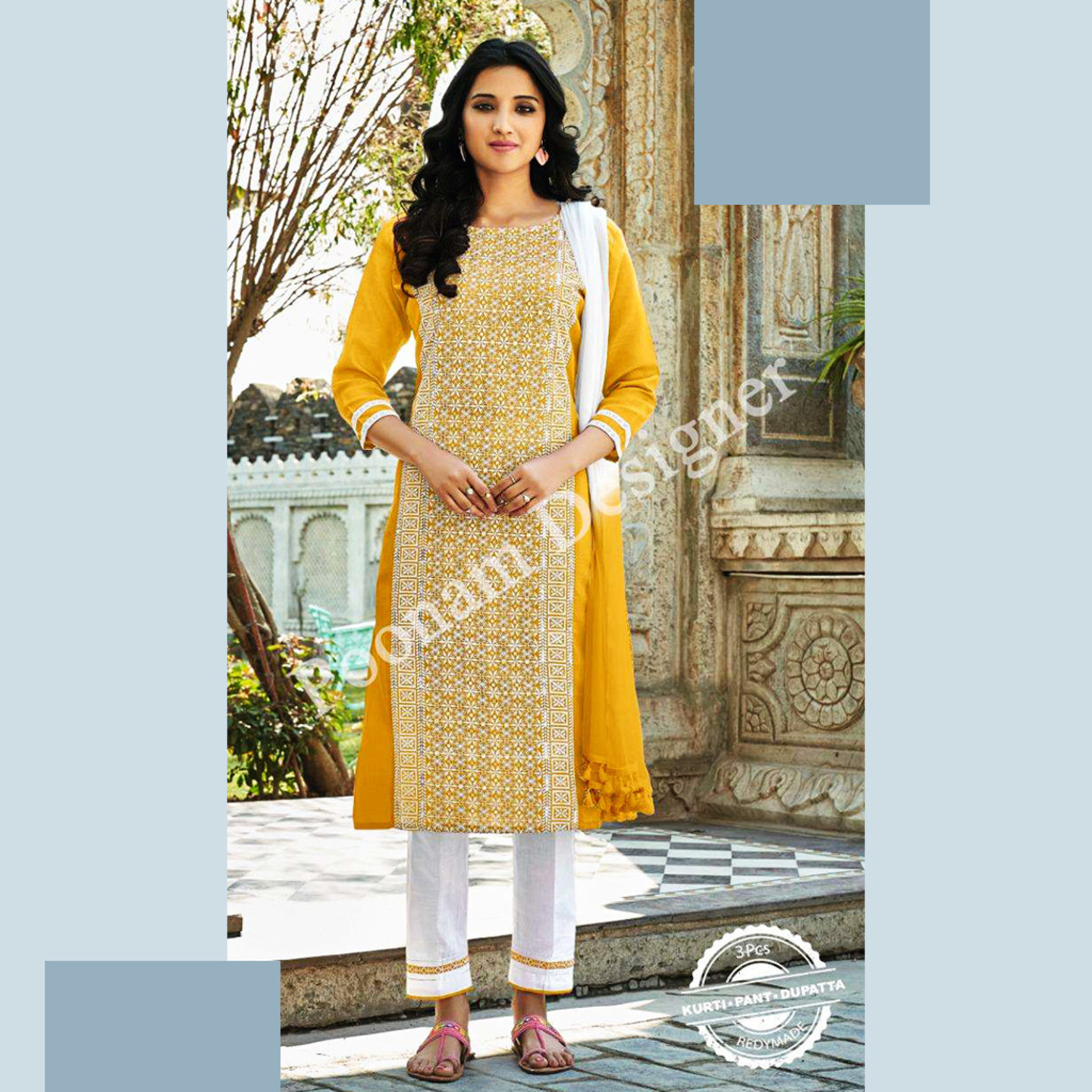 Women Yellow & White Lucknowi Cotton Kurta with Trousers & Dupatta