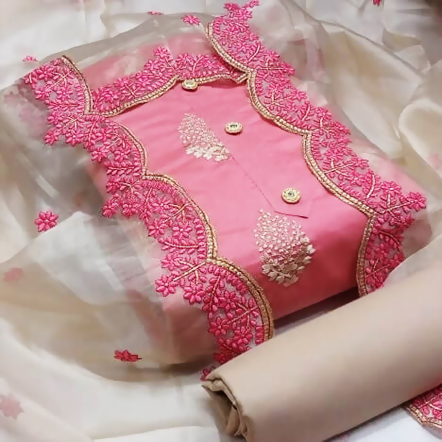 Women Model Chanderi Pink Color Embroidered Unstitched Dress Material