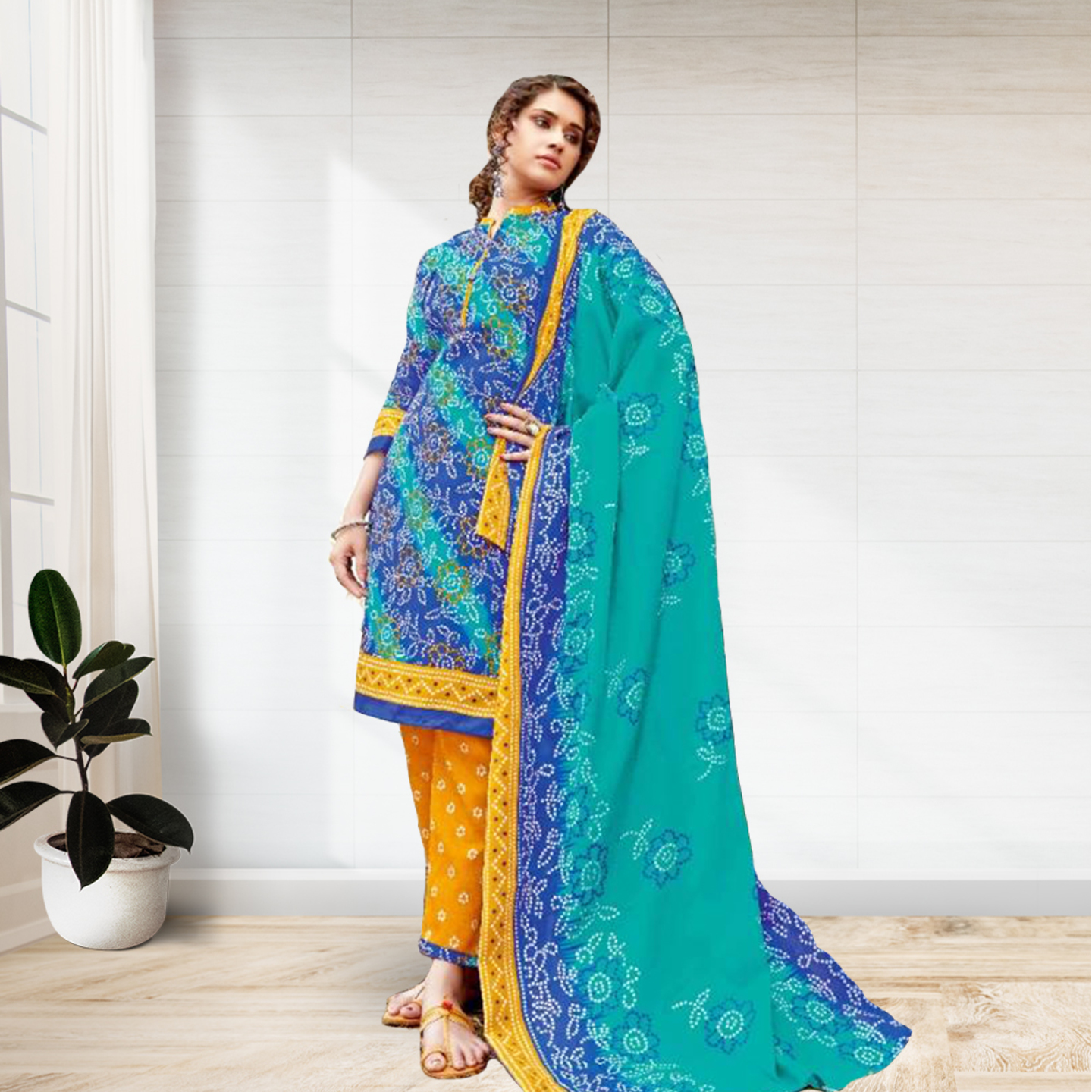 Talk By Fashion Women Soft Cotton Bandhani Print  Dress Material Blue