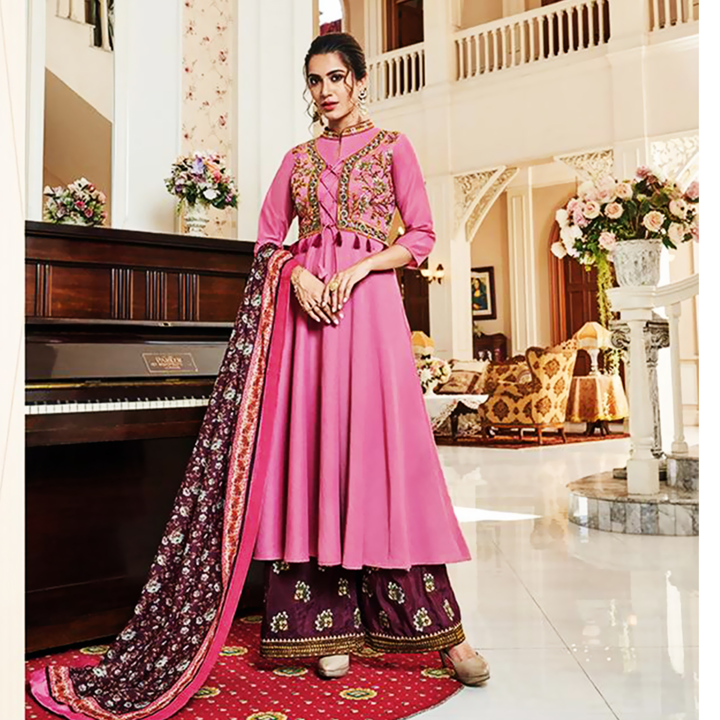 Talk By Fashion Women Heavy Muslin With Embroidered Anarkali Suit Set Pink
