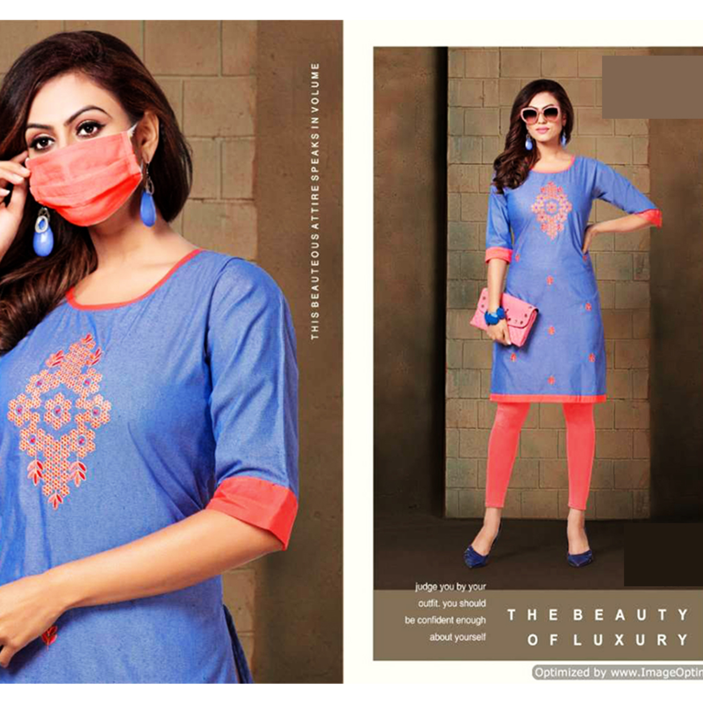 Talk By Fashion Women Cotton Embroidery Kurti with Mask Blue