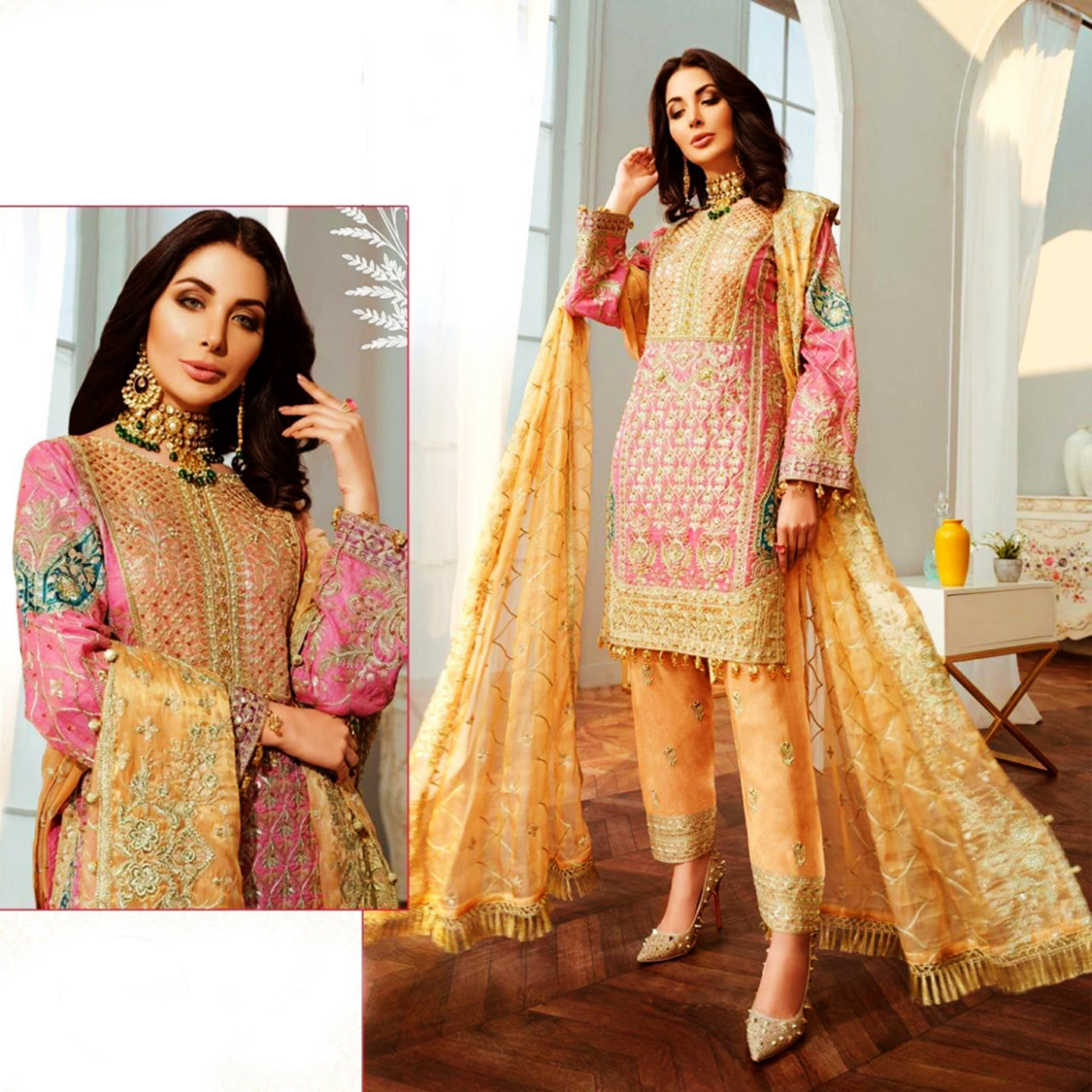 Shree Fabs Heavy Embroidered Pink & Peach Colored Georgette Silk Dress Material