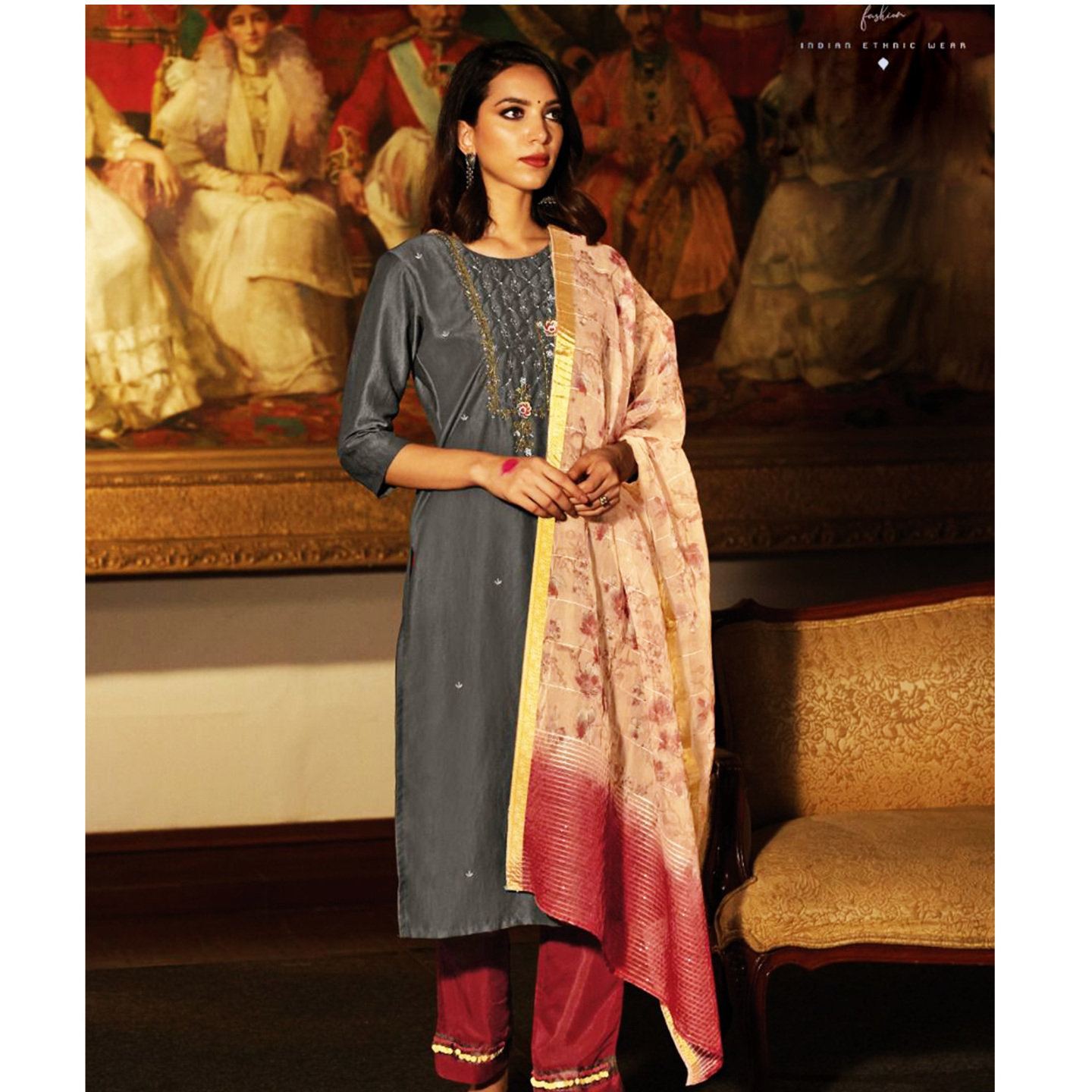 TALK BY FASHION Women Viscose Silk Embroidered Kurta with Pants & Dupatta Gray with Maroon