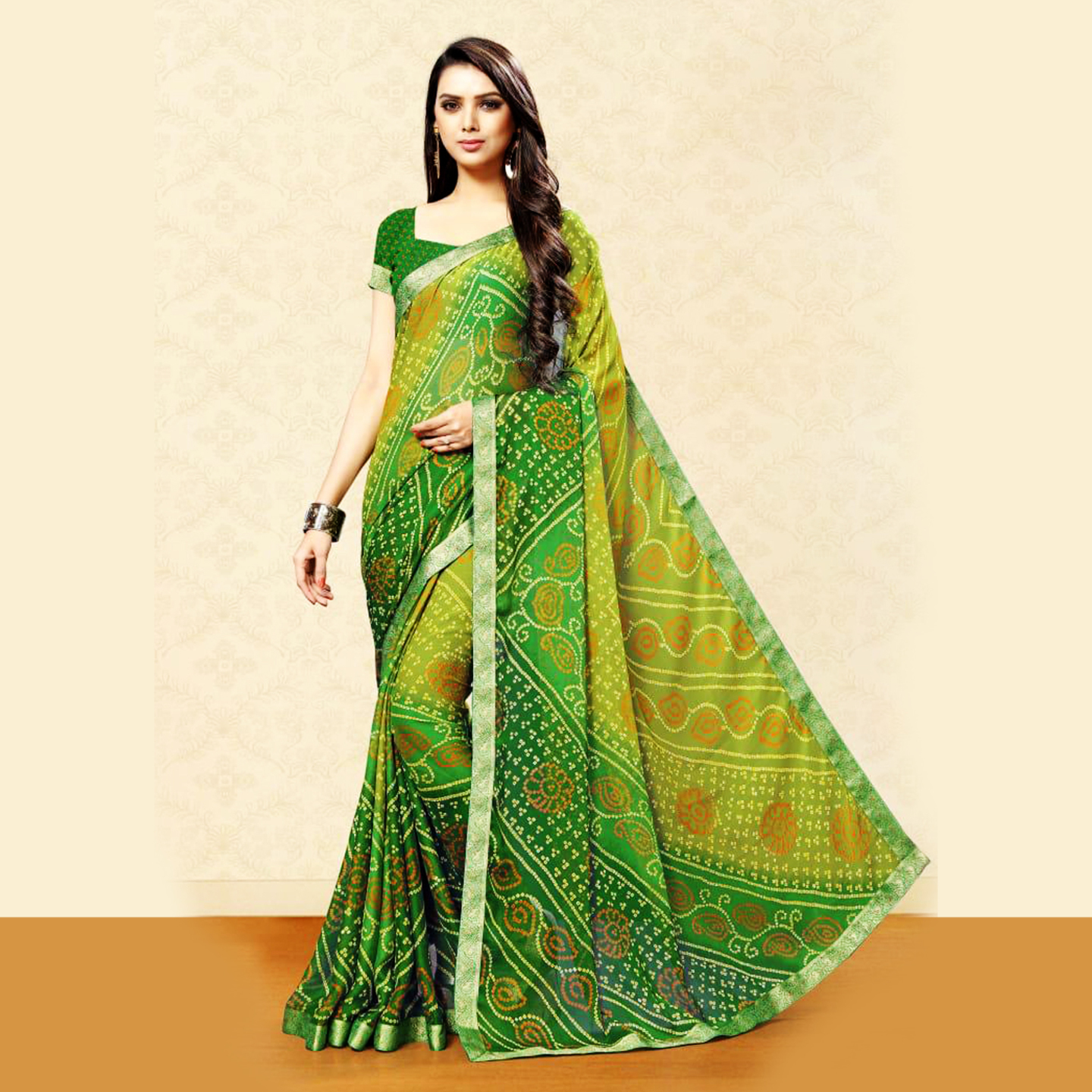 Talk By Fashion Womens Chiffon Bandhani Print Saree Green