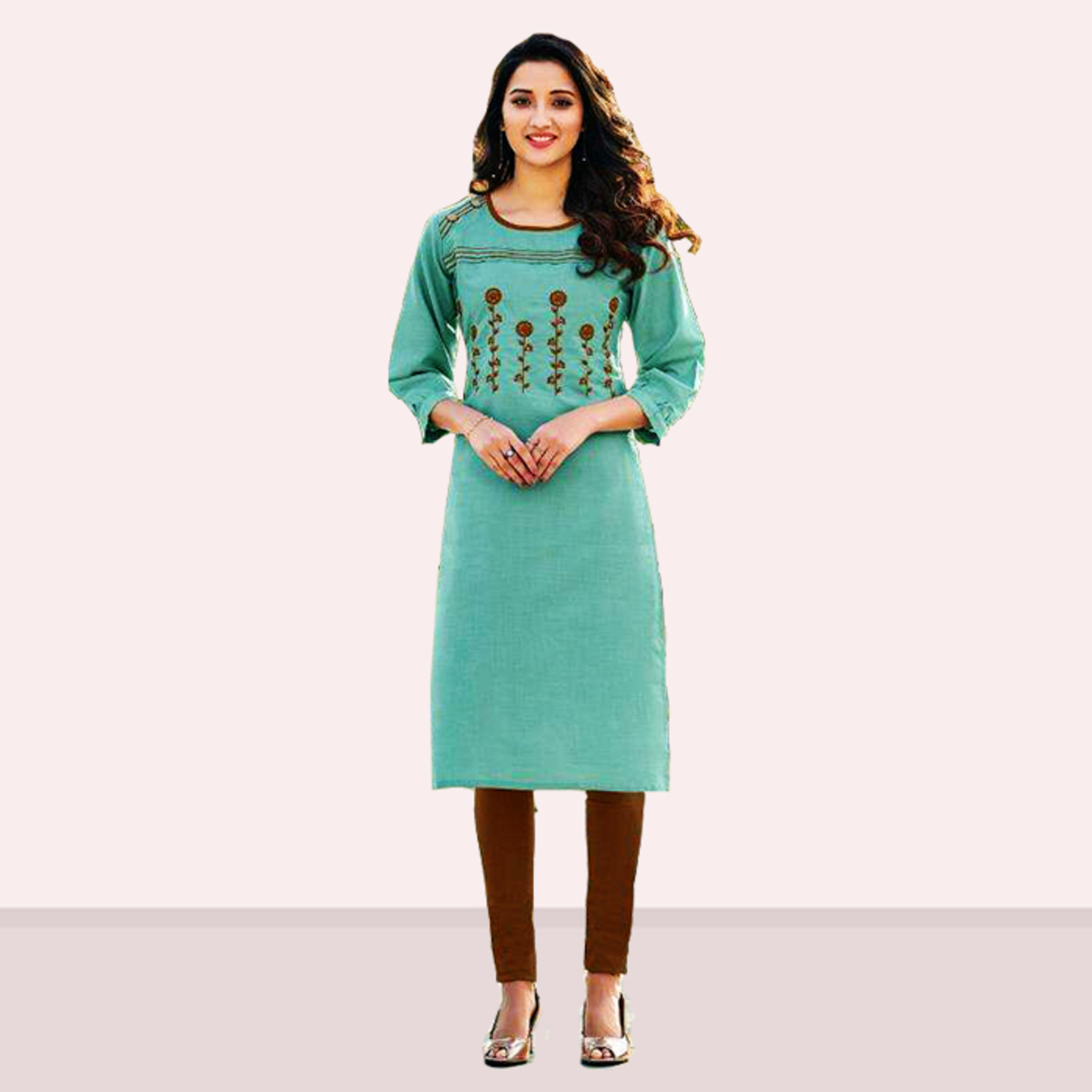 Talk By Fashion Women Cotton Slub Embroidered Kurti Light Sea Green