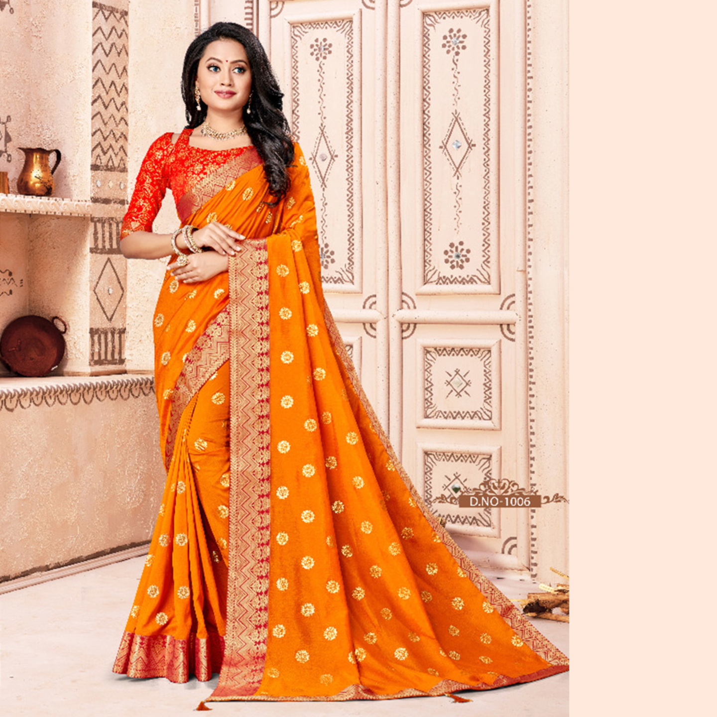 Talk By Fashion Women Vichitra Silk Wedding Wear Saree Yellow with Mask