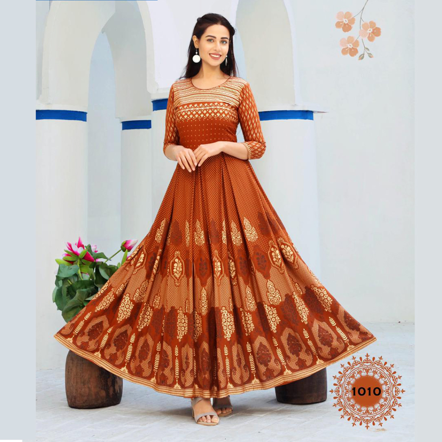 Talk By Fashion Heavy Gold Printed Flared Ethnic Wear Gown Dress