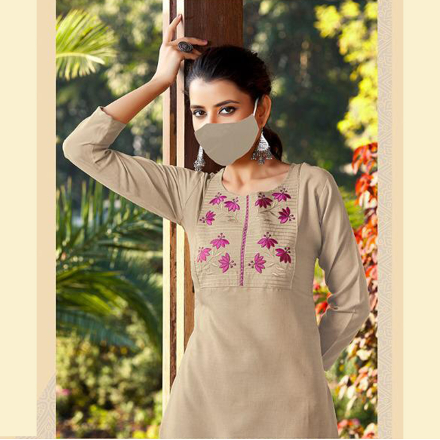 Talk By Fashion Embroidered Straight Kurti with Mask